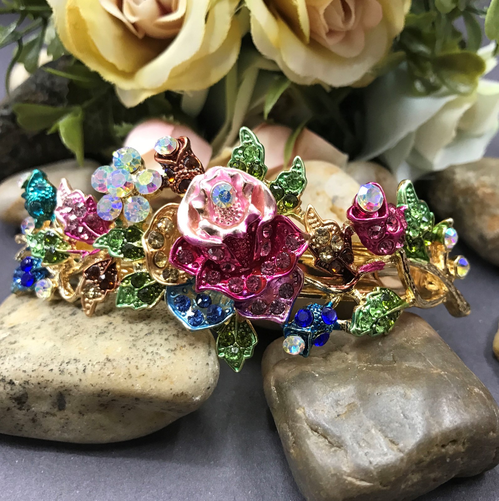 New Gold Tone Flower Rhinestone multi color Hair Clip Barrette ha2#2