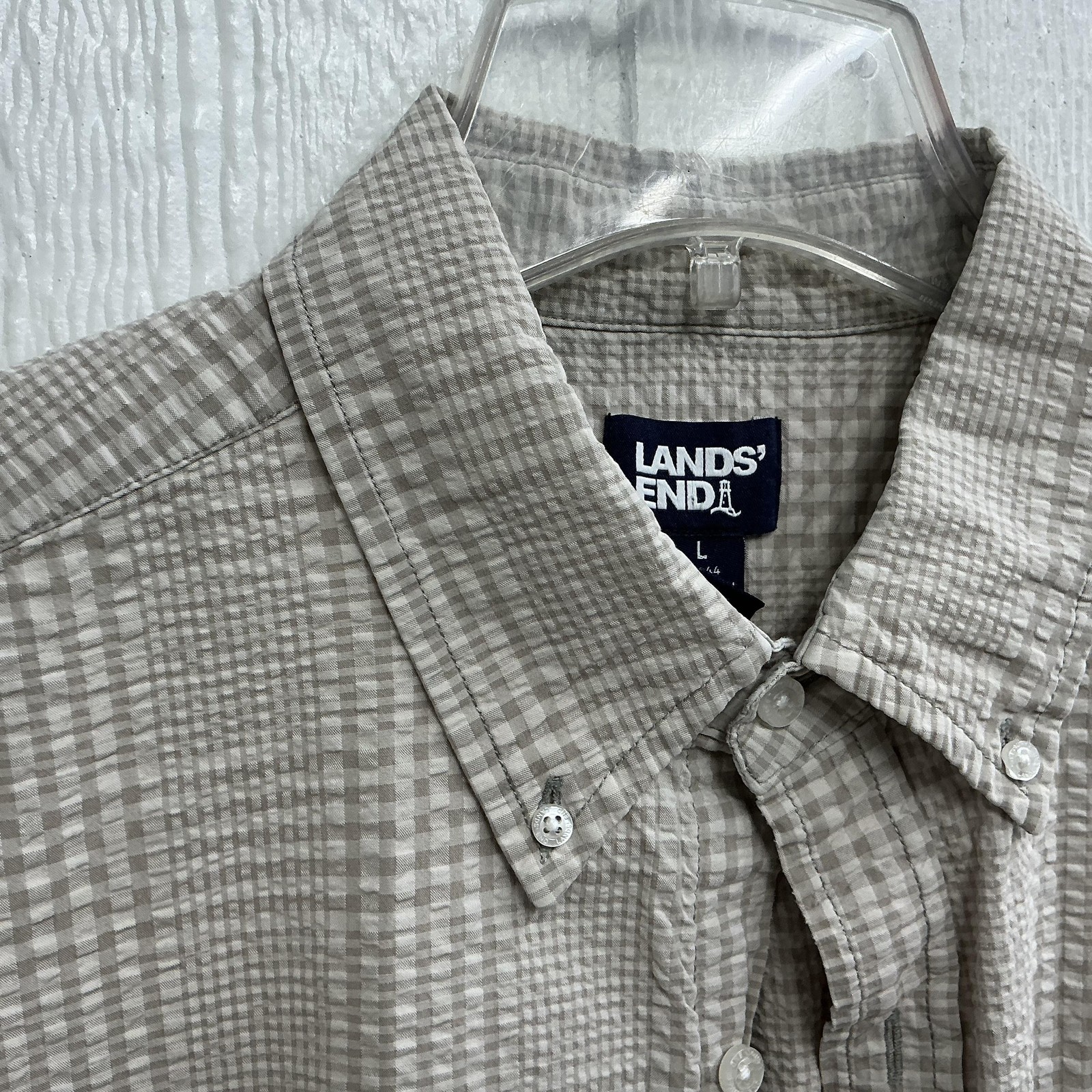 Lands’ End Shirt Mens Large Beige Check Short Sleeve Seersucker Cotton Casual