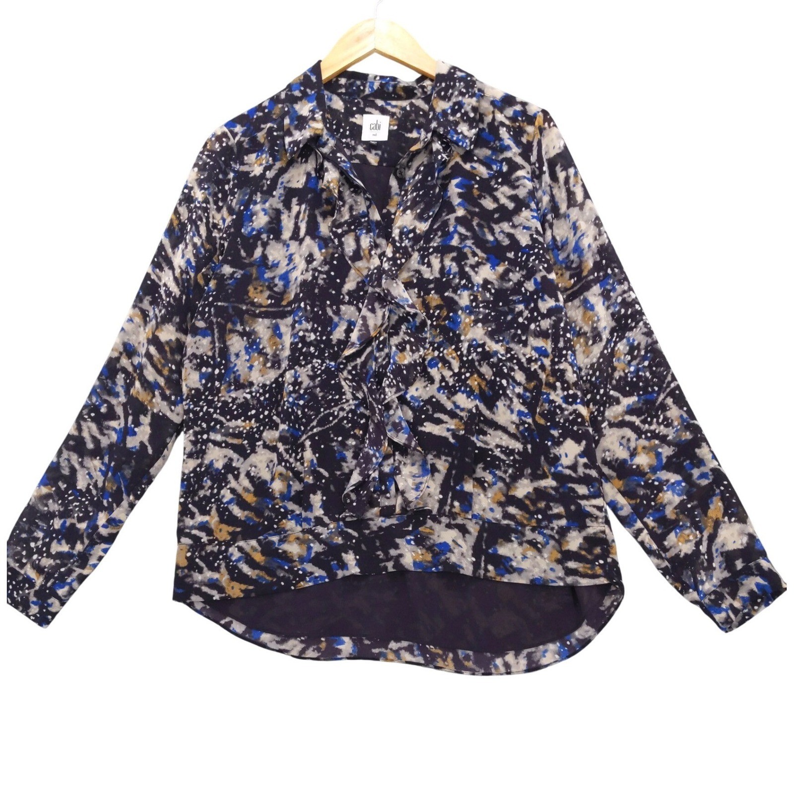 Cabi Starry Night Button Up Long Sleeve Ruffle Blouse Top M 3066