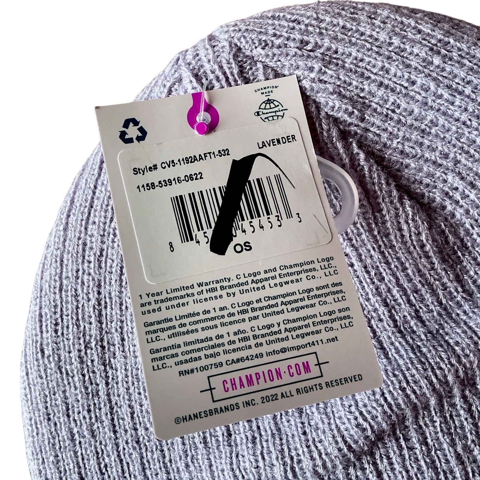 Champion Ribbed Cuff Patch Logo Beanie One Size Lavender New With Tag