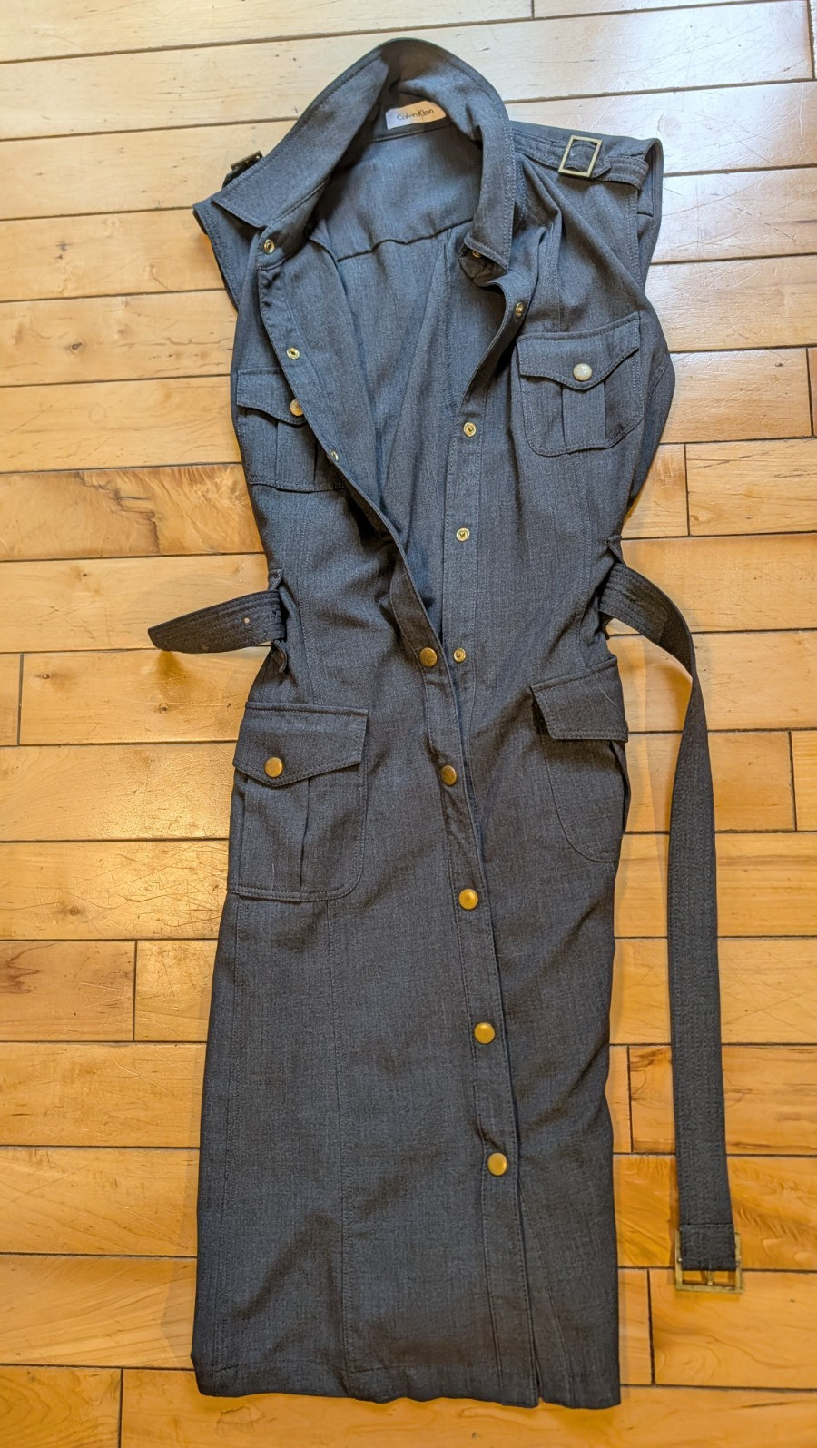 Calvin Klein Women’s 12 Gray Solid Shirt Dress Collared Sleeveless Button Belt