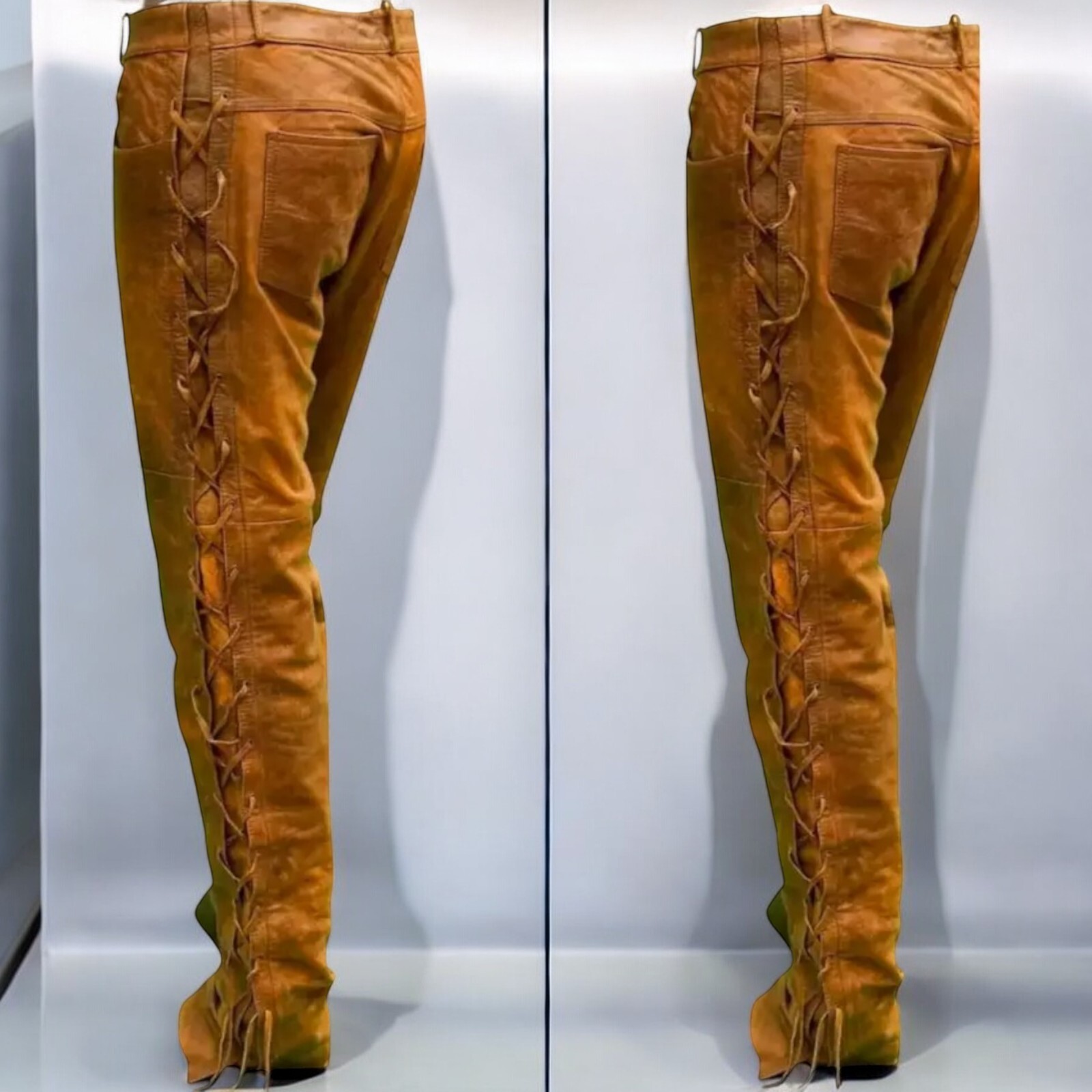 Mens Western Cowboy Leather Classic Pant Traditional Native American Style-US