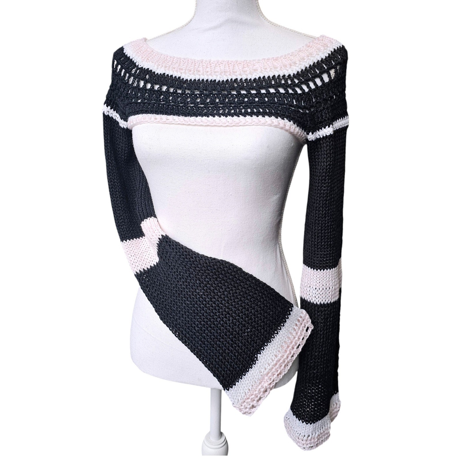 Handmade Crochet Bolero Shrug Women OS Black Pink Excellent Knit Flared Sleeve
