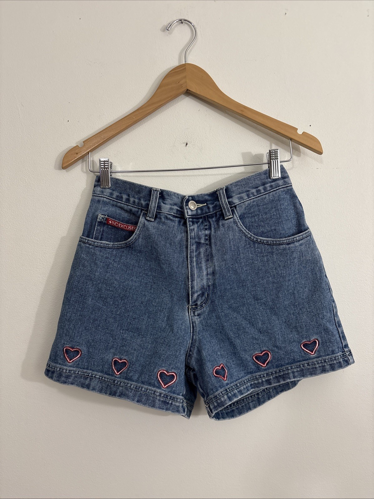 No Excuses High Waisted Denim Jean Shorts Hearts Sz 9/10 Y2K Aesthetic