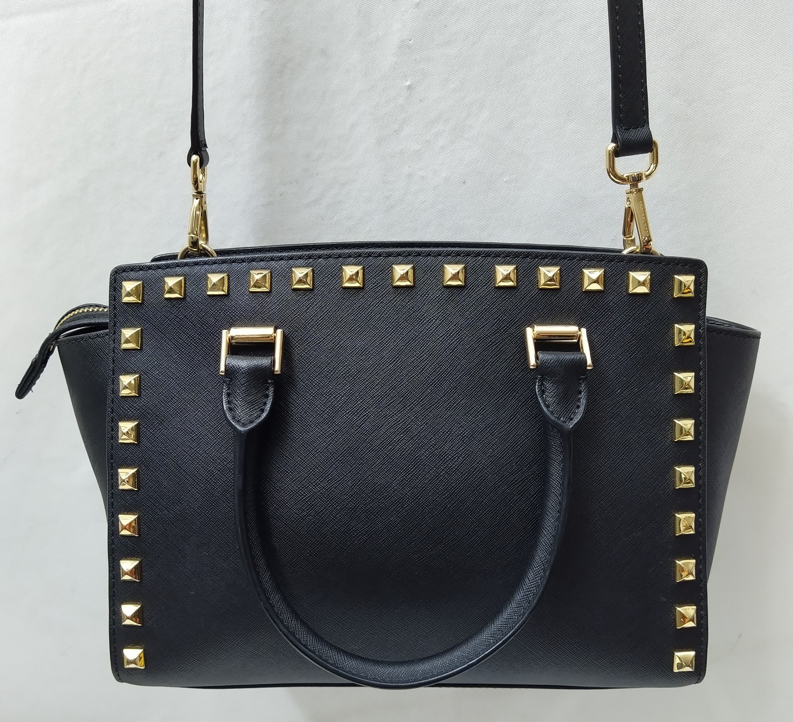 Michael Kors Black Leather Studded Double Handles Satchel Bag