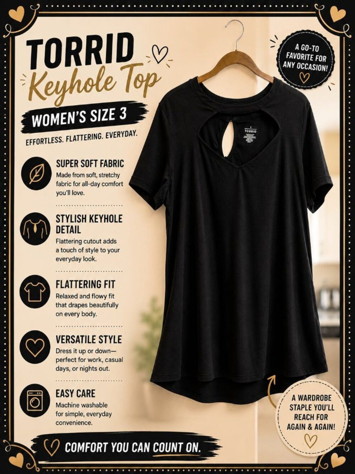 #016 – Torrid Black Keyhole Top Women’s Size 3