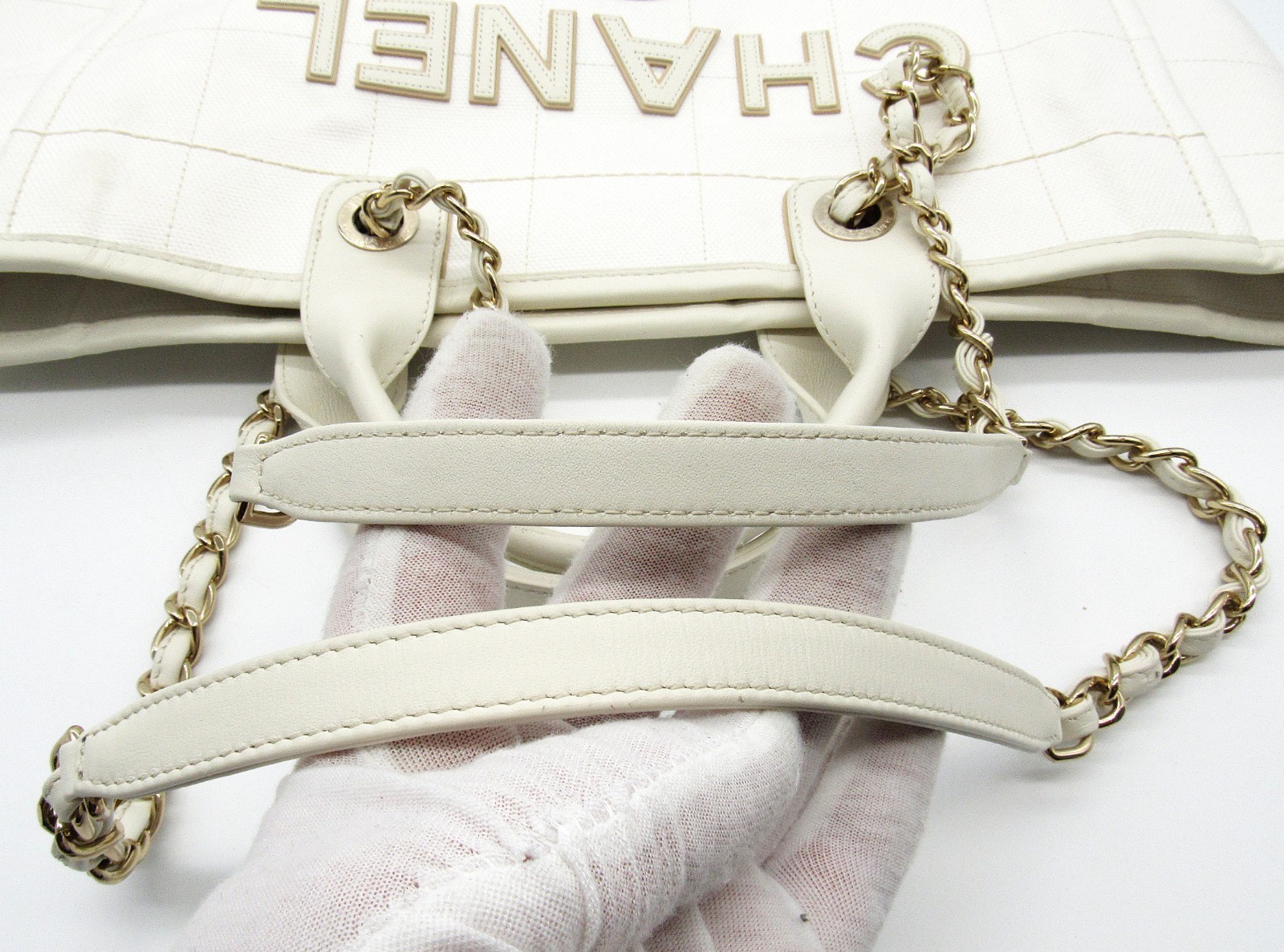 Chanel Medium Deauville Tote White Canvas Bag w/ Pouch Read