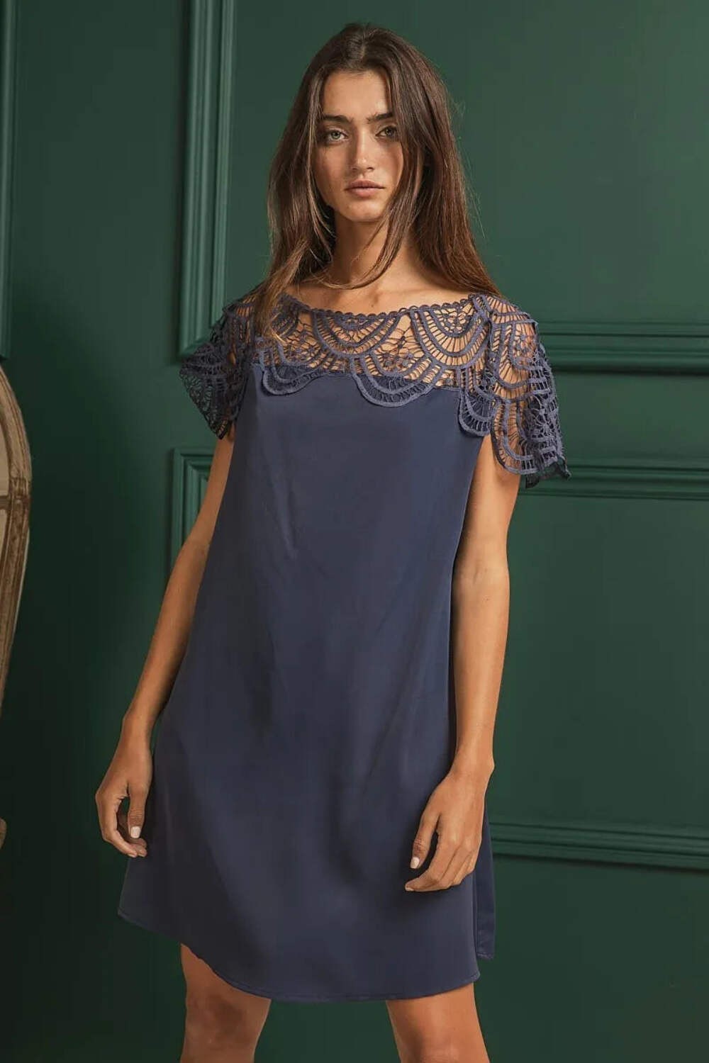 Crochet Lace Yoke Detailed Wrinkled Dress