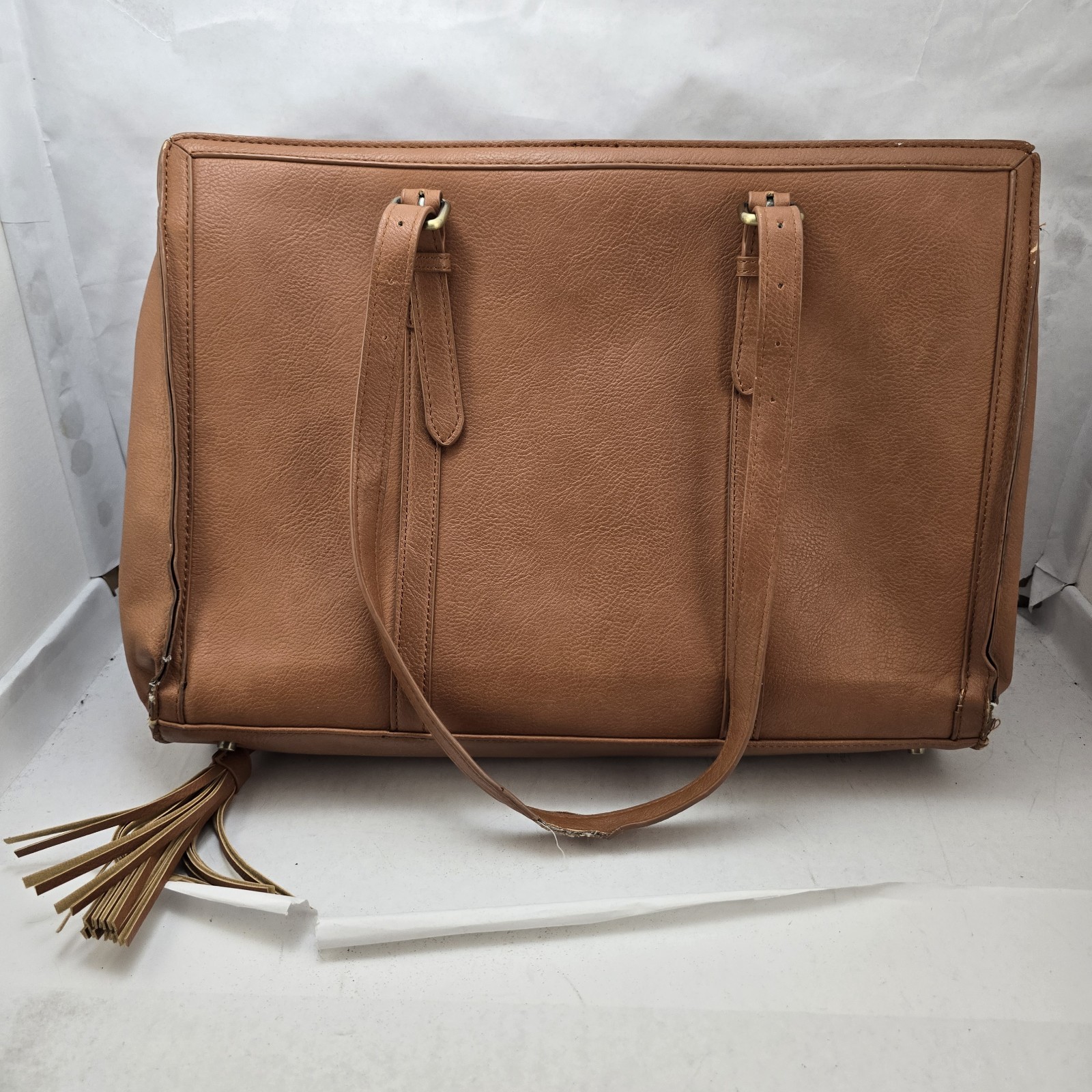 Ecosusi Brown Vegan Leather Tote Laptop Bag Tassel Strap Structured Work Satchel