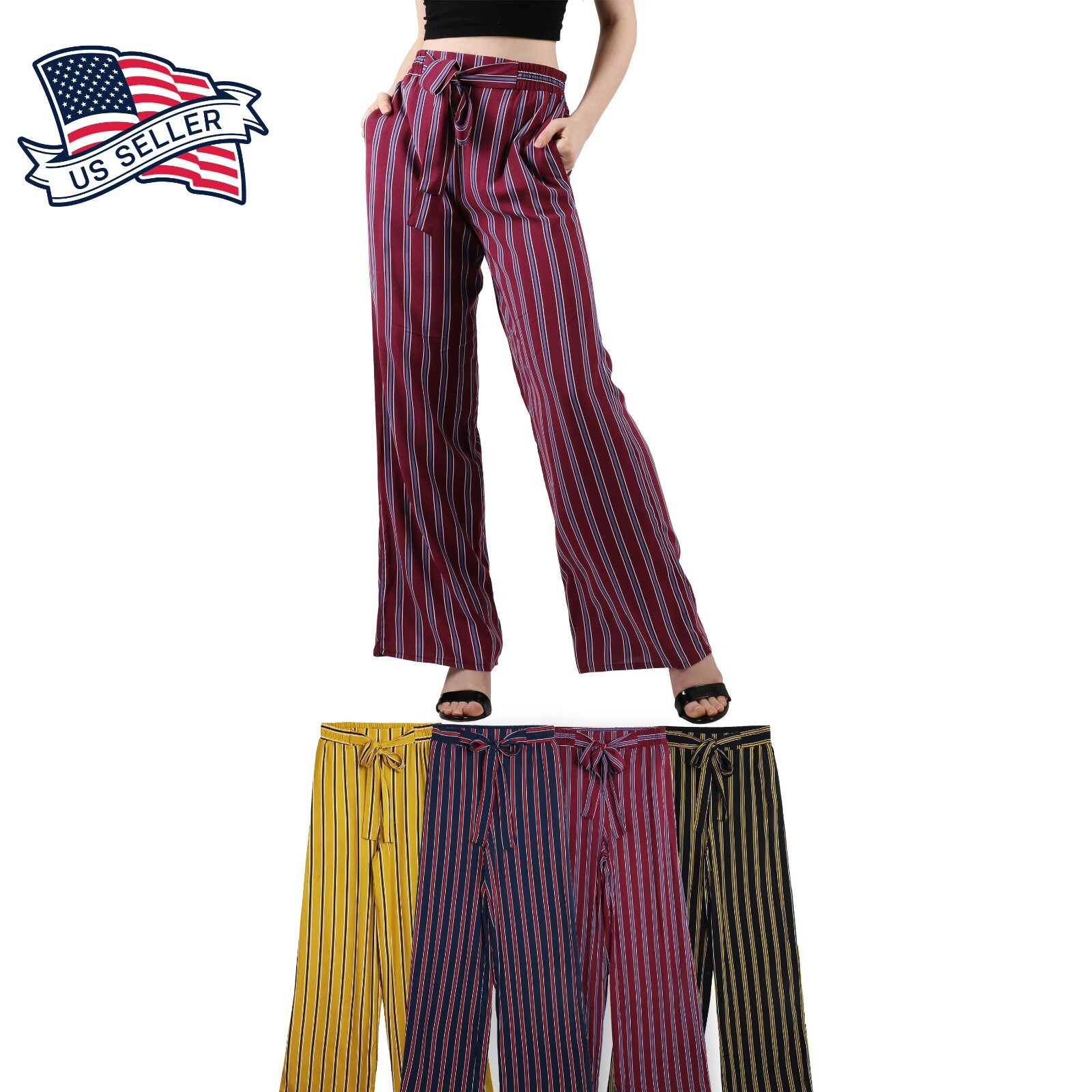 Women Pallazzo Linen Pants Lounge Flowing with STRIPES Vacation Beach Europe