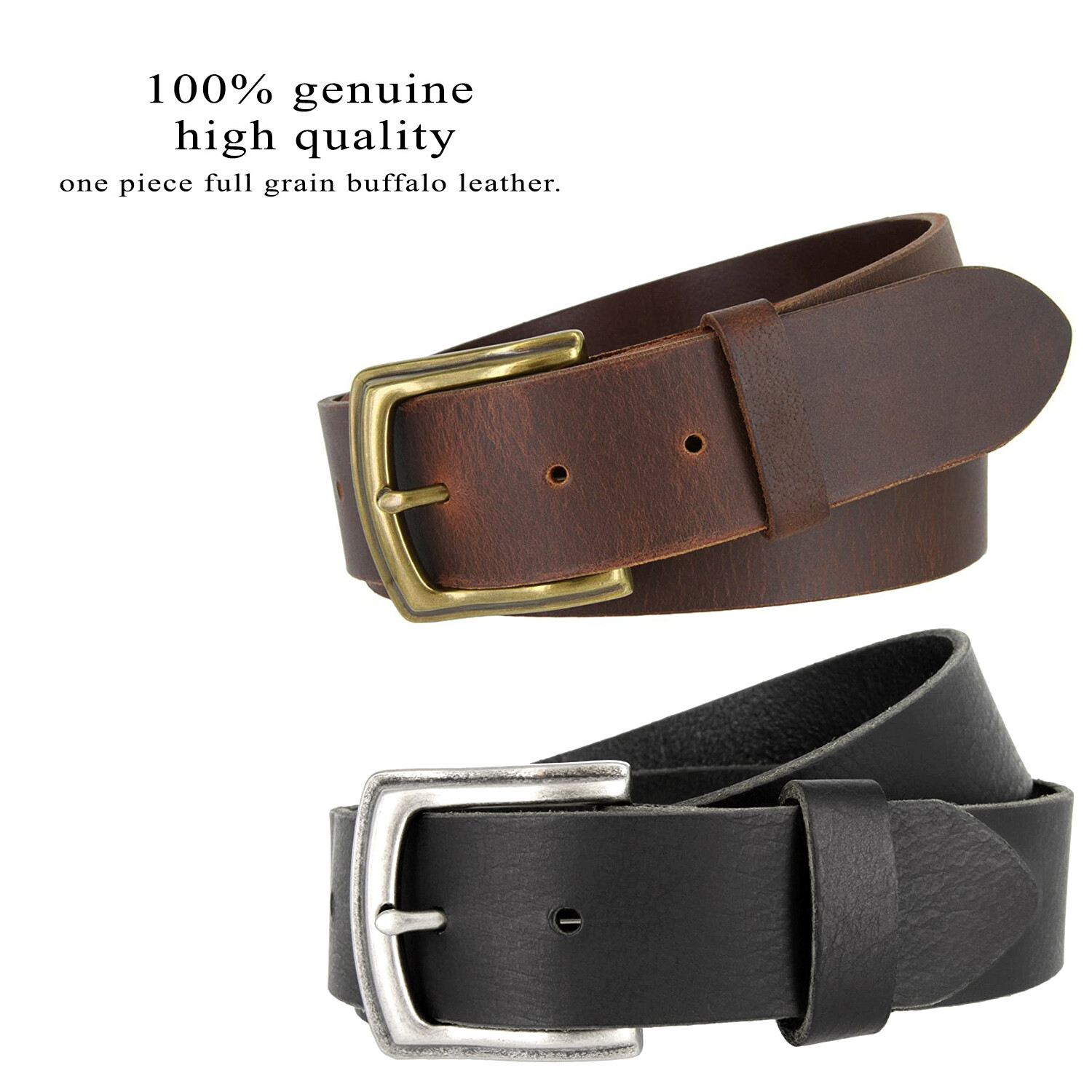 Full Grain Buffalo Leather Casual Jean Belt with Metal Buckle 1-1/2″(38mm) Wide