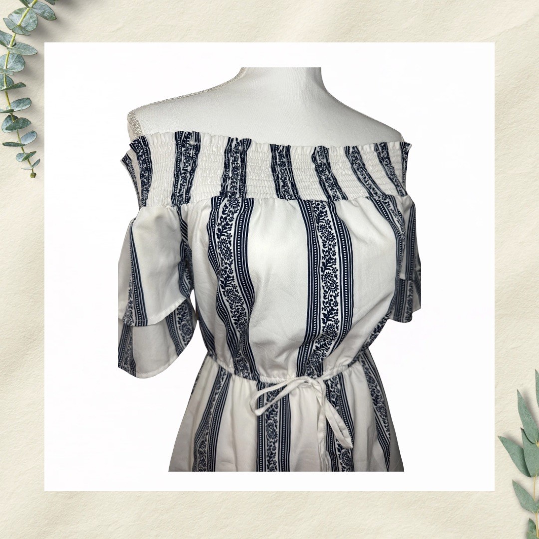 Hint of Blush Off Shoulder Striped Dress White Navy Tie Waist | Women’s Small