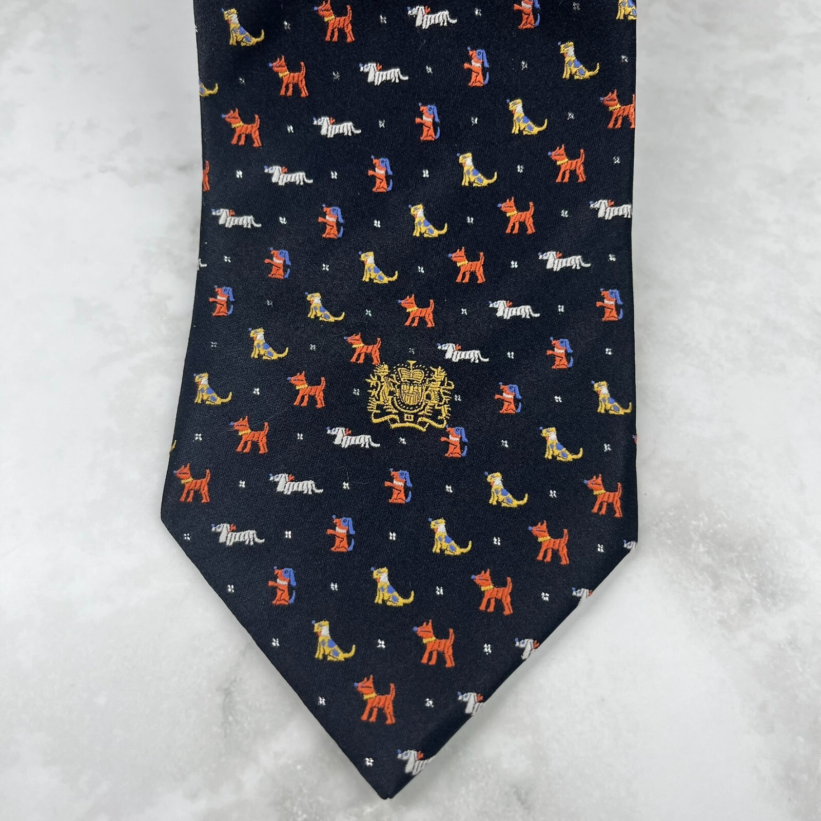Elegance Paris Silk Men’s Necktie Geometric All Over Dog Print Crest Black
