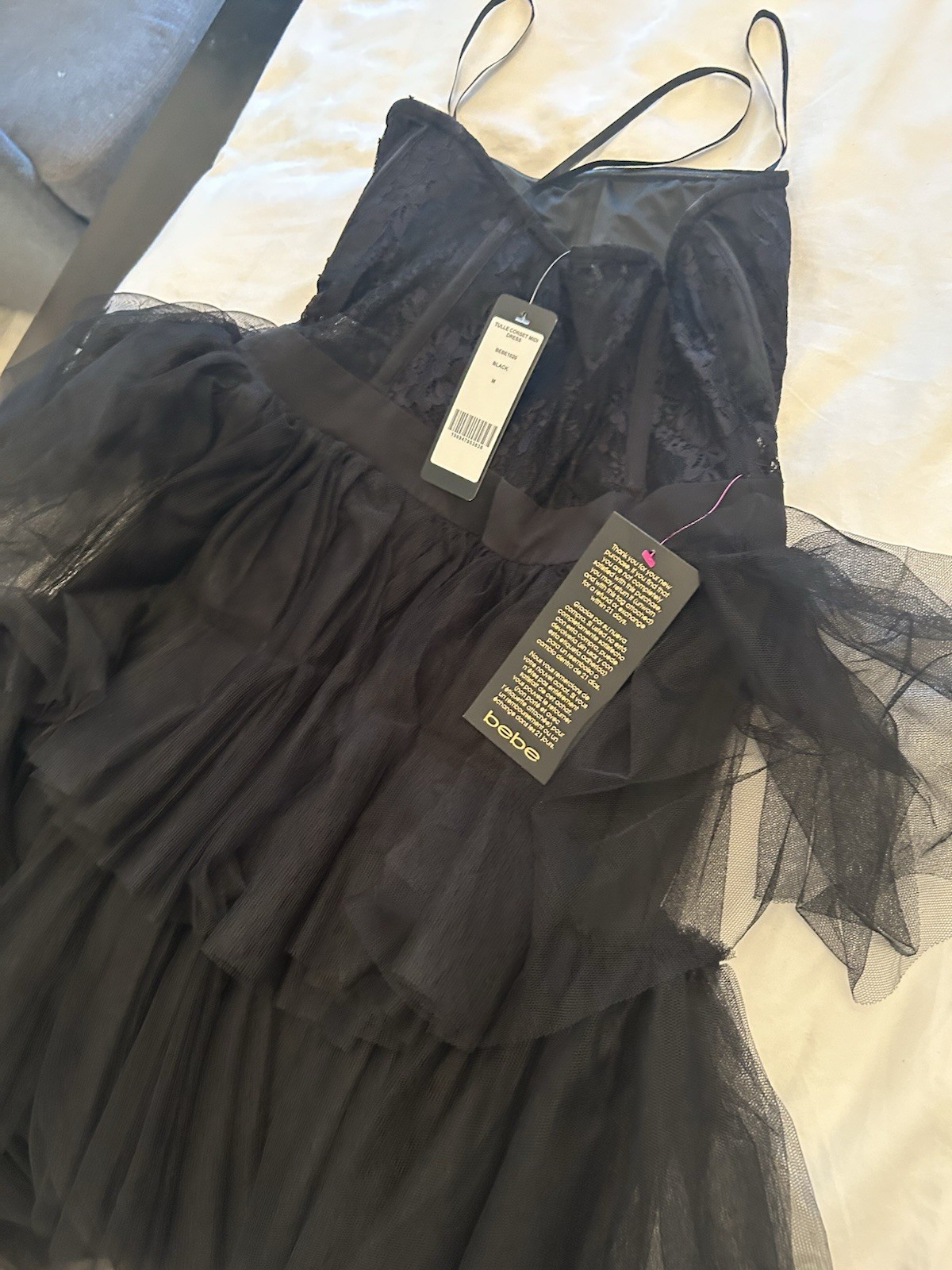 bebe Black Tulle Lace Corset Midi Dress Sweetheart Neckline Size M