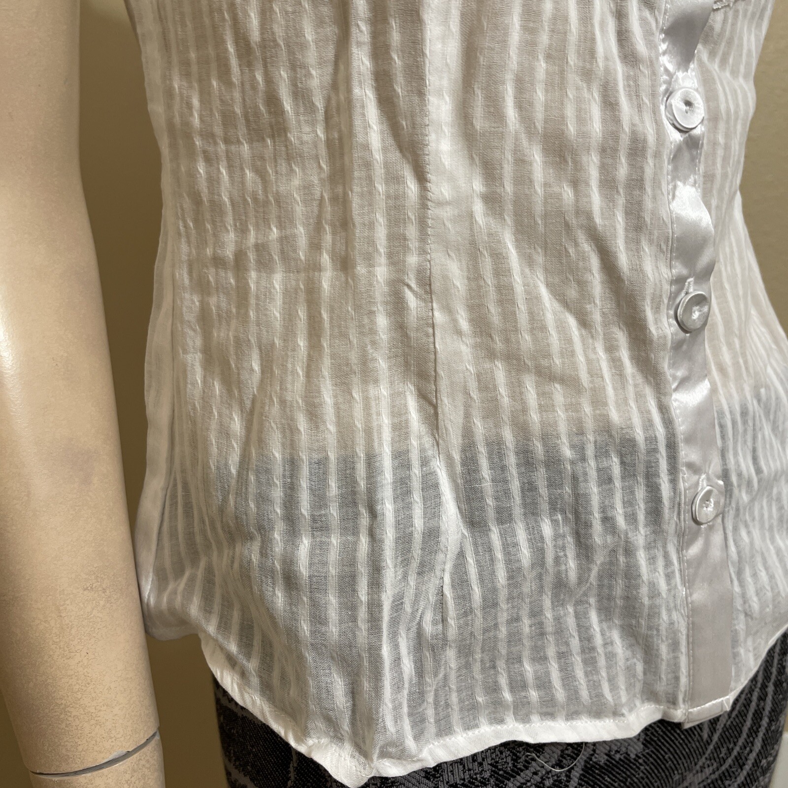Women’s White Cotton Casual Sheer Striped Lace Satin Buttons Size L Blouse Top