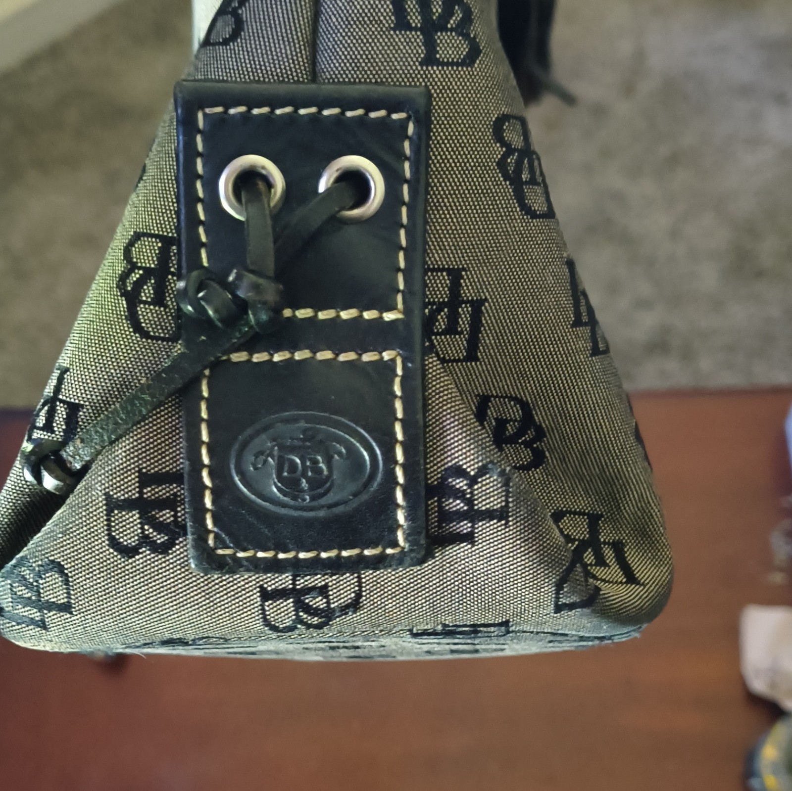 Dooney & Bourke DB Monogram Tan/Black Medium Tote Drawstring Tassel Pockets