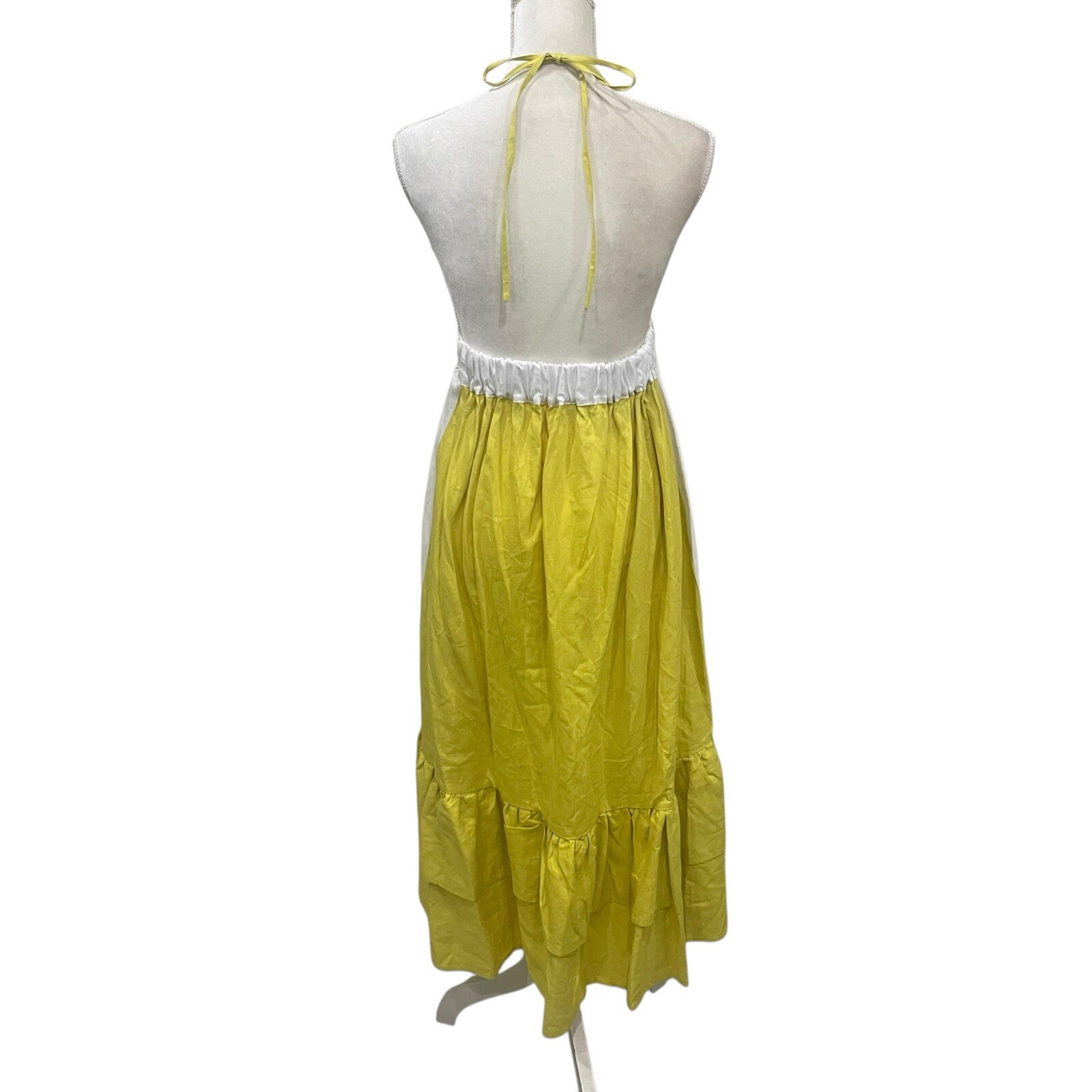 Fanm Mon Large Linen Yamile Floral Embroidered Halter Midi Dress Mustard Lime