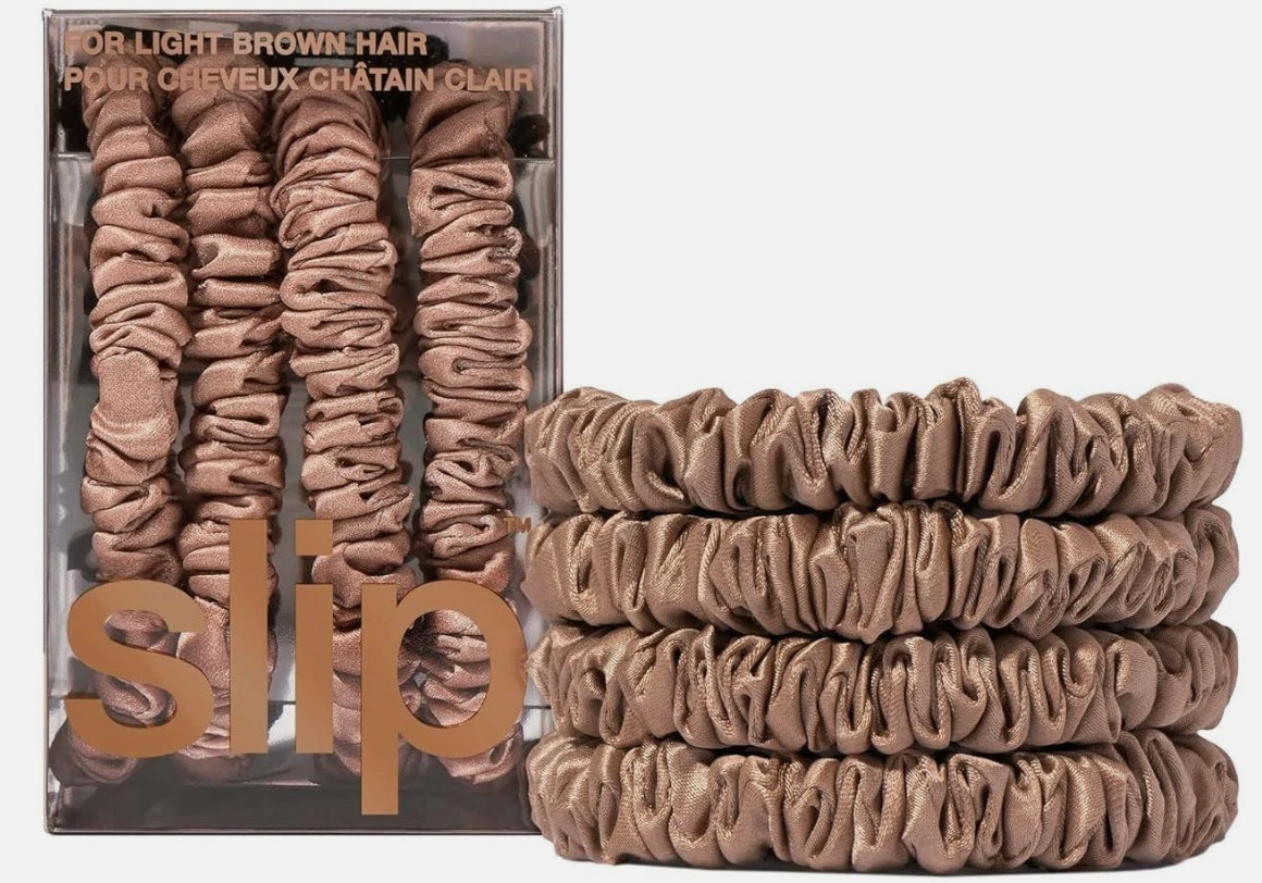 Slip Silk Skinny Scrunchies For Blonde Hair Set of 4 Tan Hair Ties Light Brown