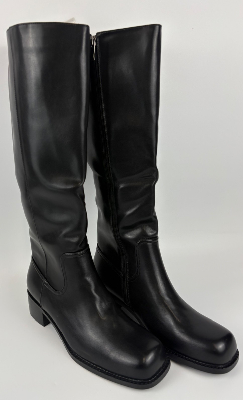 ZJA Knee High Boots Square Toe Low Heel Wide Calf Flat Boots – Size 11- Black