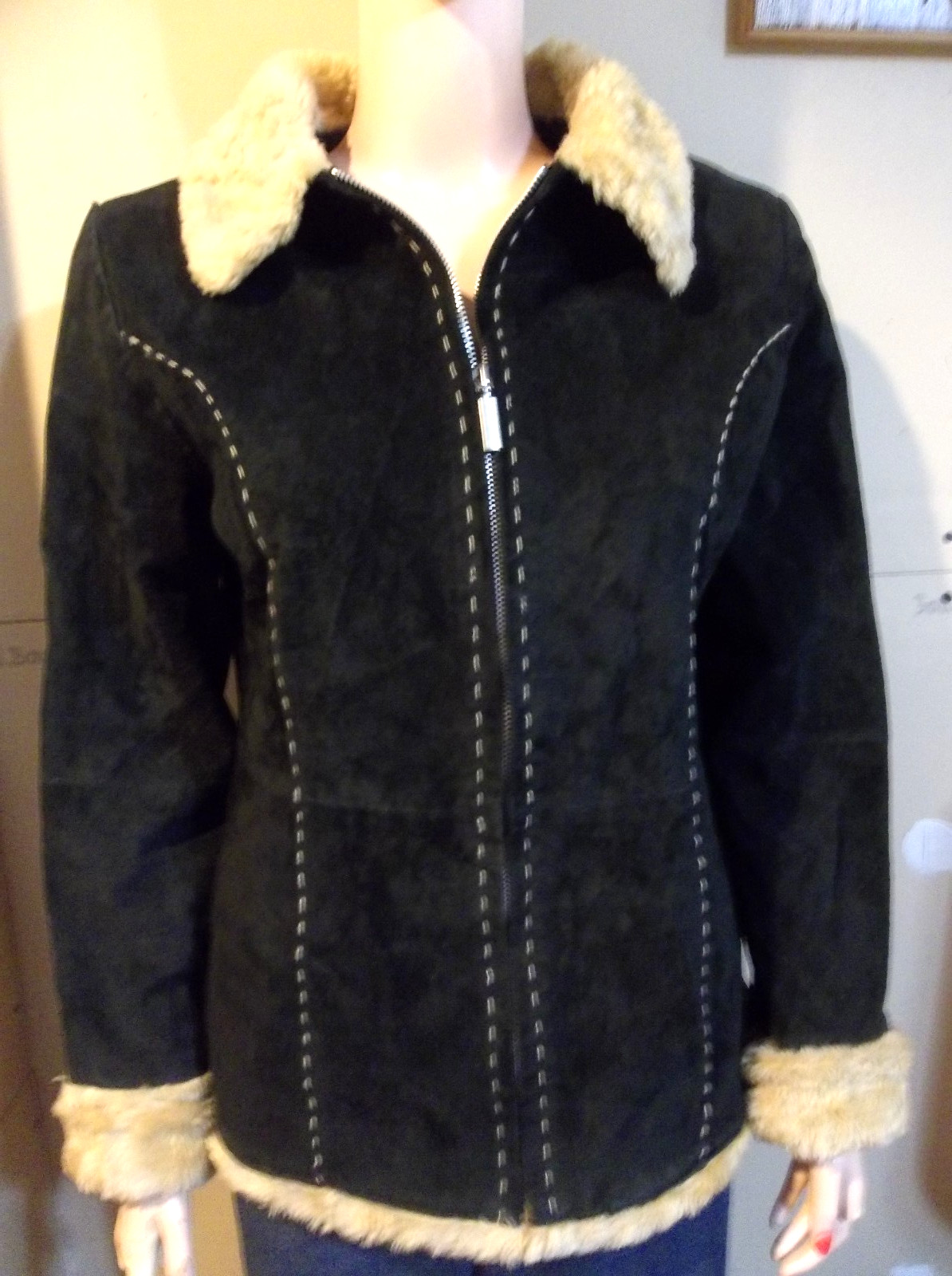 VTG Y2K RUE 21 JACKET BLACK LARGE 100% LEATHER FAUX FUR TRIM