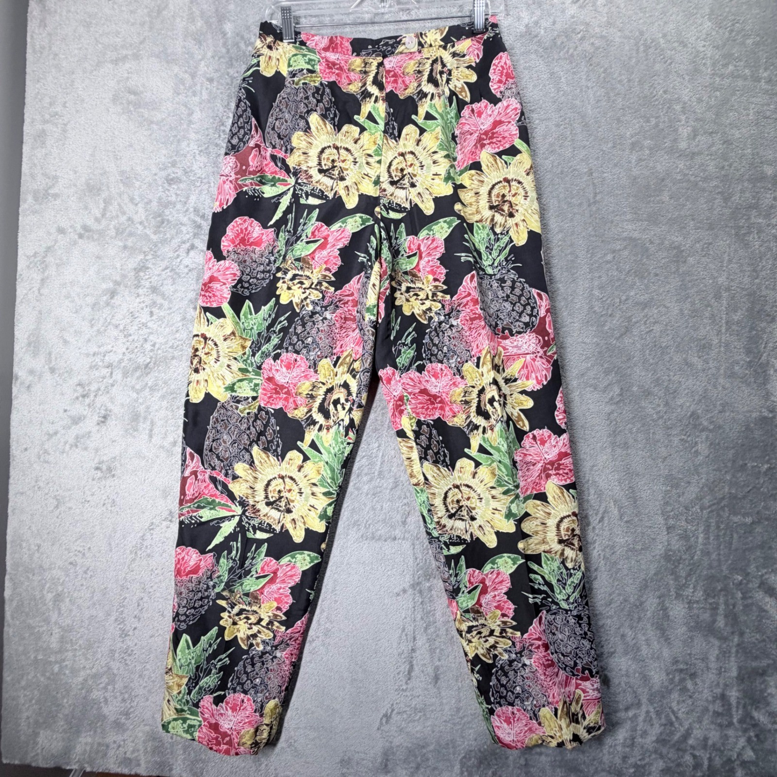 Silk Collection by Harve Benard Pants Womens 8 Black Floral Pineapple Silk 90s