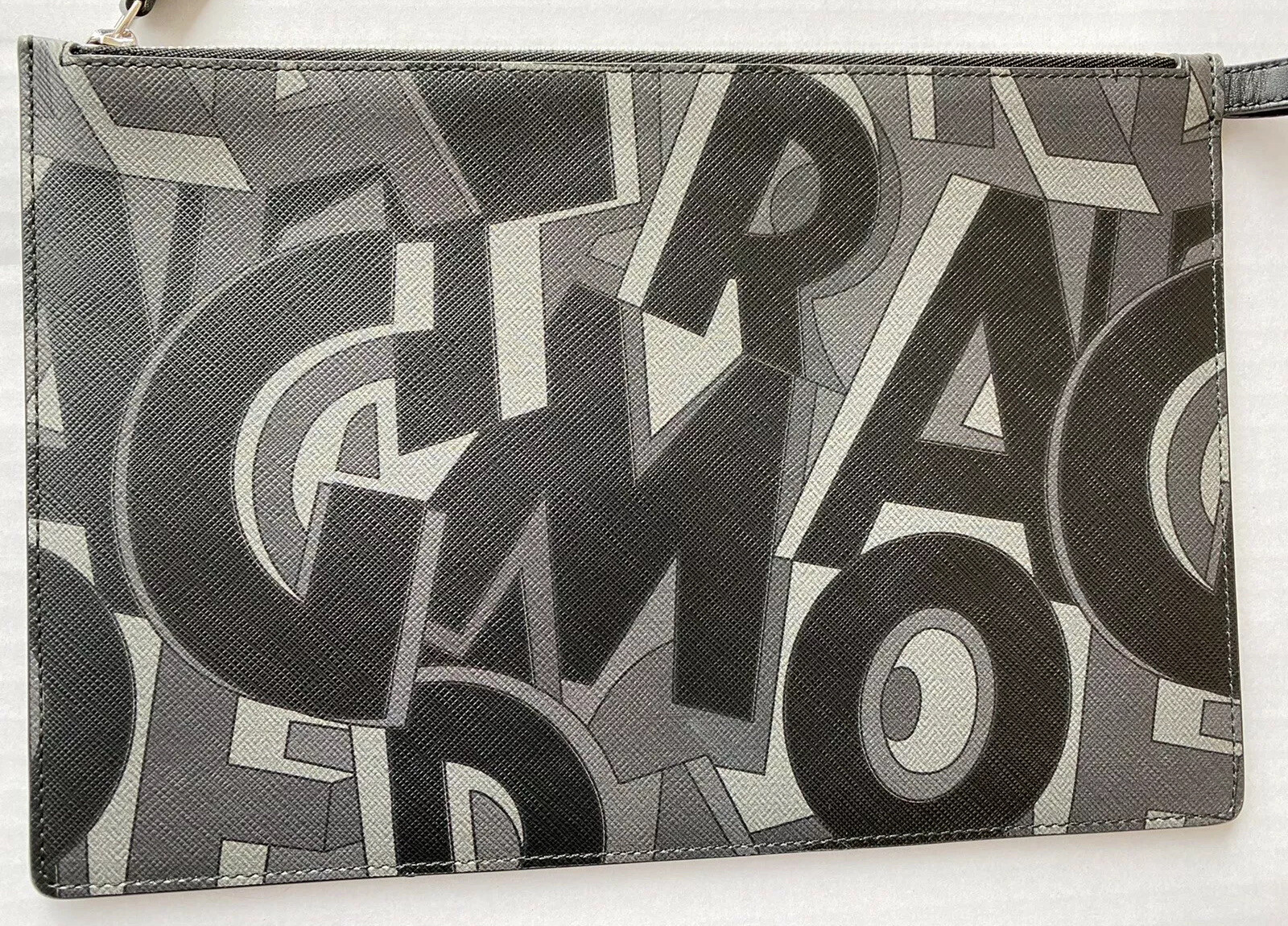 Ferragamo Zoomed Graphic Letter Print Zip Case Calf Leather Sleeve *Retail W/box