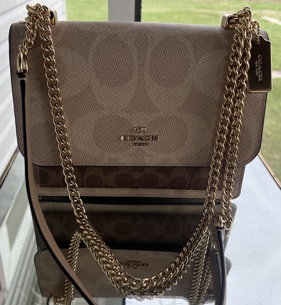 Coach Signature Logo Snap Flap Crossbody Bag Beige/Brown Gold Chain Strap