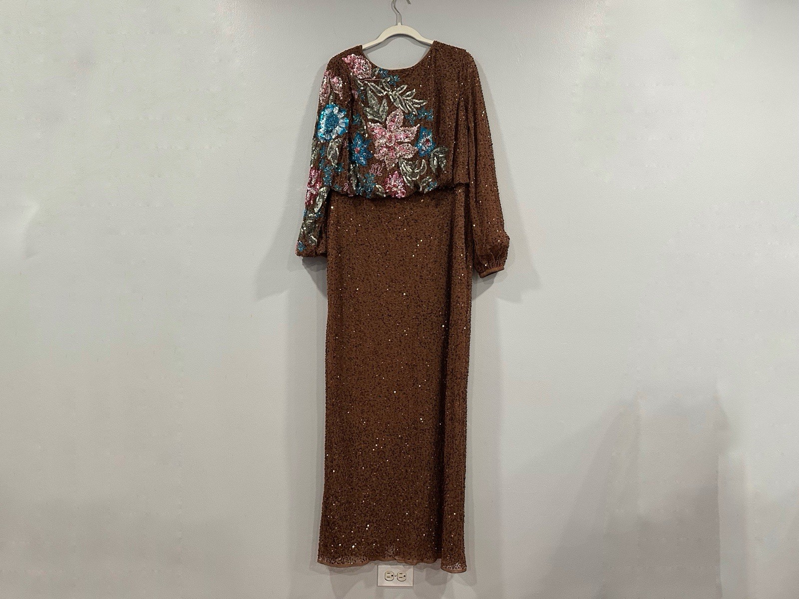 Mac Duggal 5615 Mocha High Neck Long Sleeve Sequin Gown Sz 16 NWOT