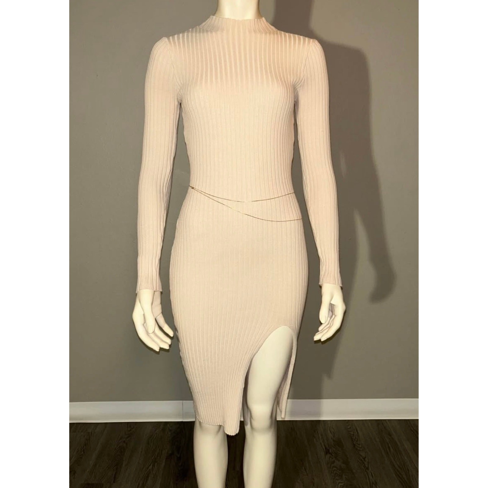 Chic Off-White High Neck Long Sleeve Ribbed Slit Midi Dress