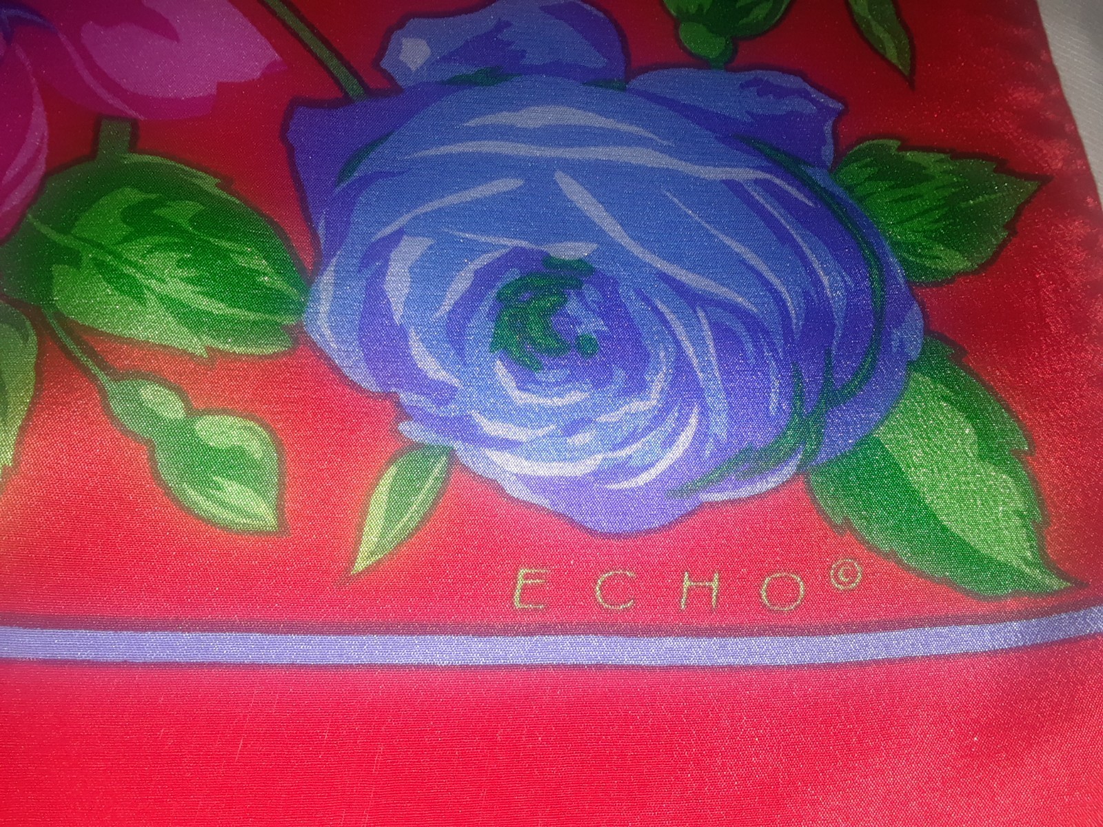 ECHO Red Blue Purple Roses Floral 100% Silk Oblong Scarf 51″