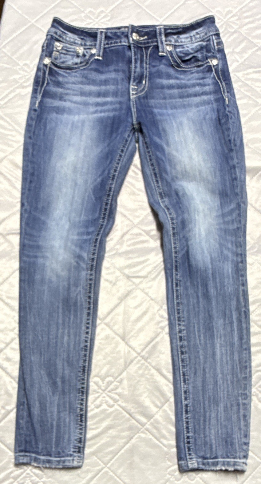 Miss Me Women’s Curvy Ankle Skinny Jeans Blue Medium Wash Rhinestone Stretch