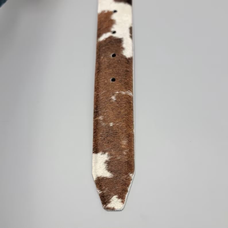 Handmade Cowhide Belt Brown White Cattle Hide Western Silver Buckle