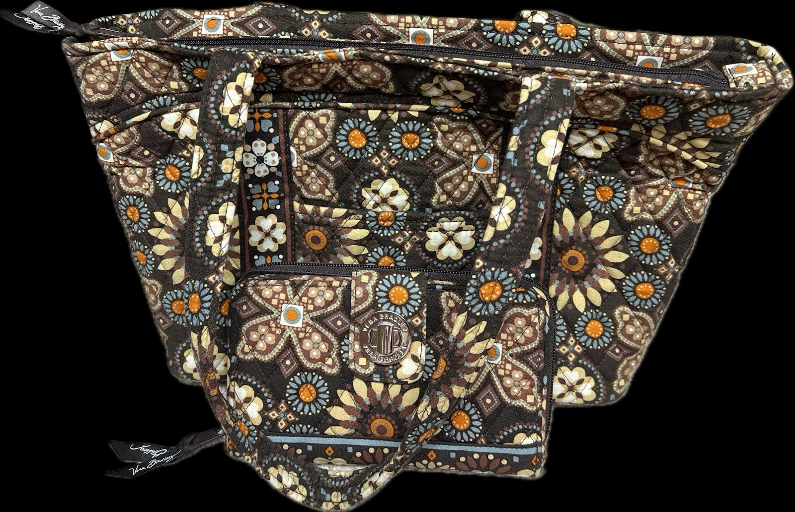 Vera Bradley Canyon Tote Shoulder Bag Brown Floral Quilted Purse Zip Top/Wallet