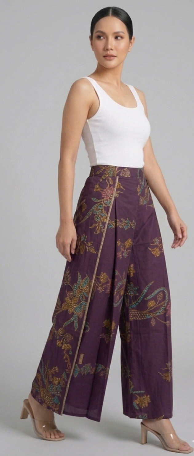 Thai Batik Sarong Skirt Pants Side Slit Wide Leg Elastic Waist Crop Trousers