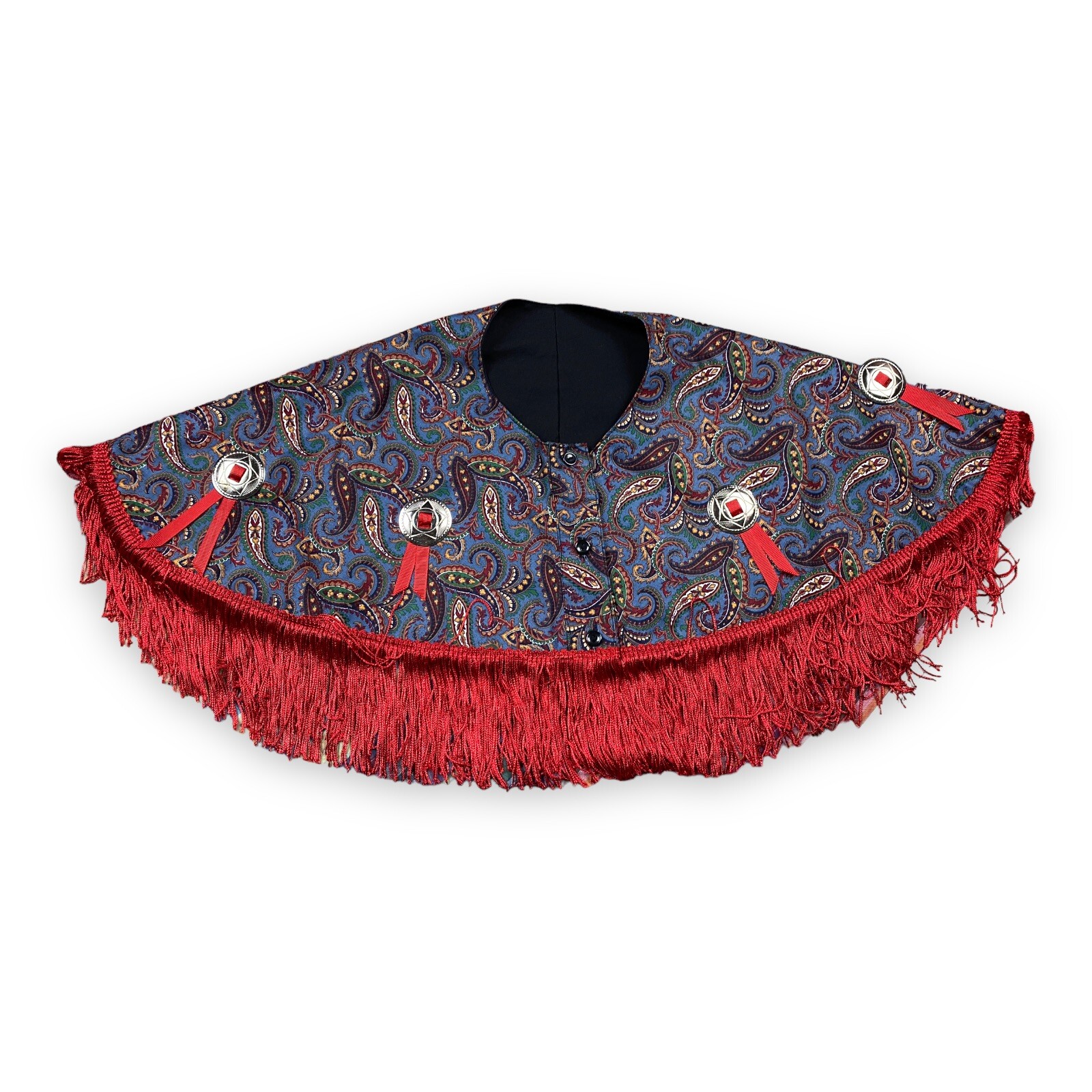 Fringe Western Style Shawl Shoulder Wrap Red Paisley Button Front