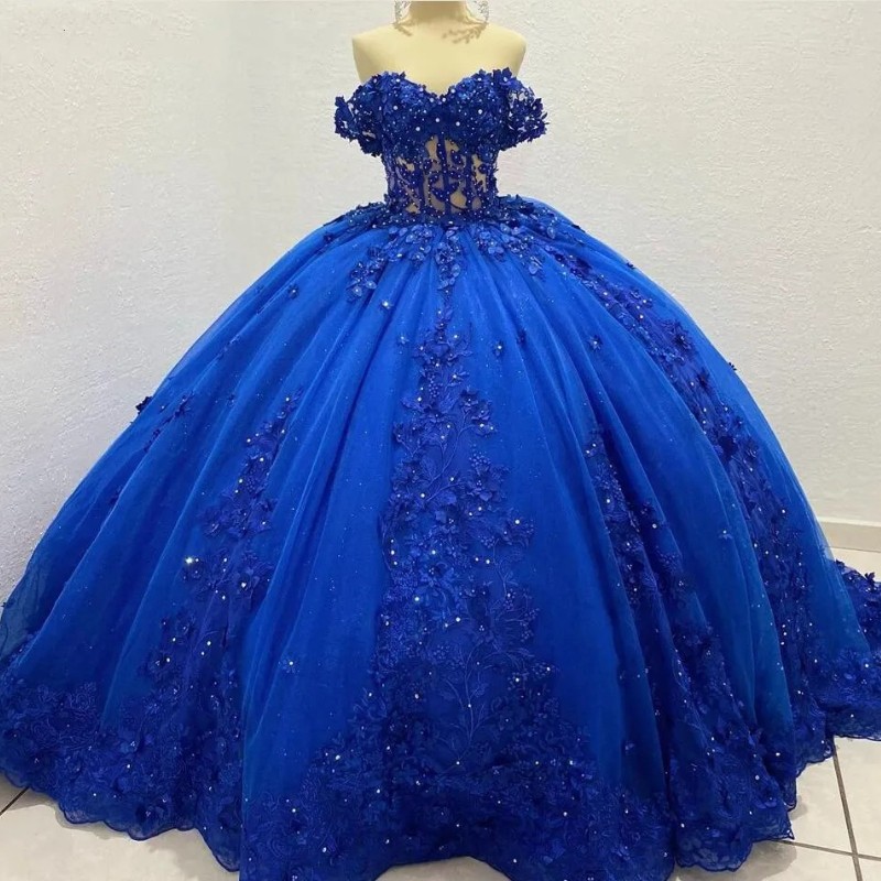 Royal Blue 3D Flowers Beading Quinceanera Dresses Off Shoulder Party Ball Gowns