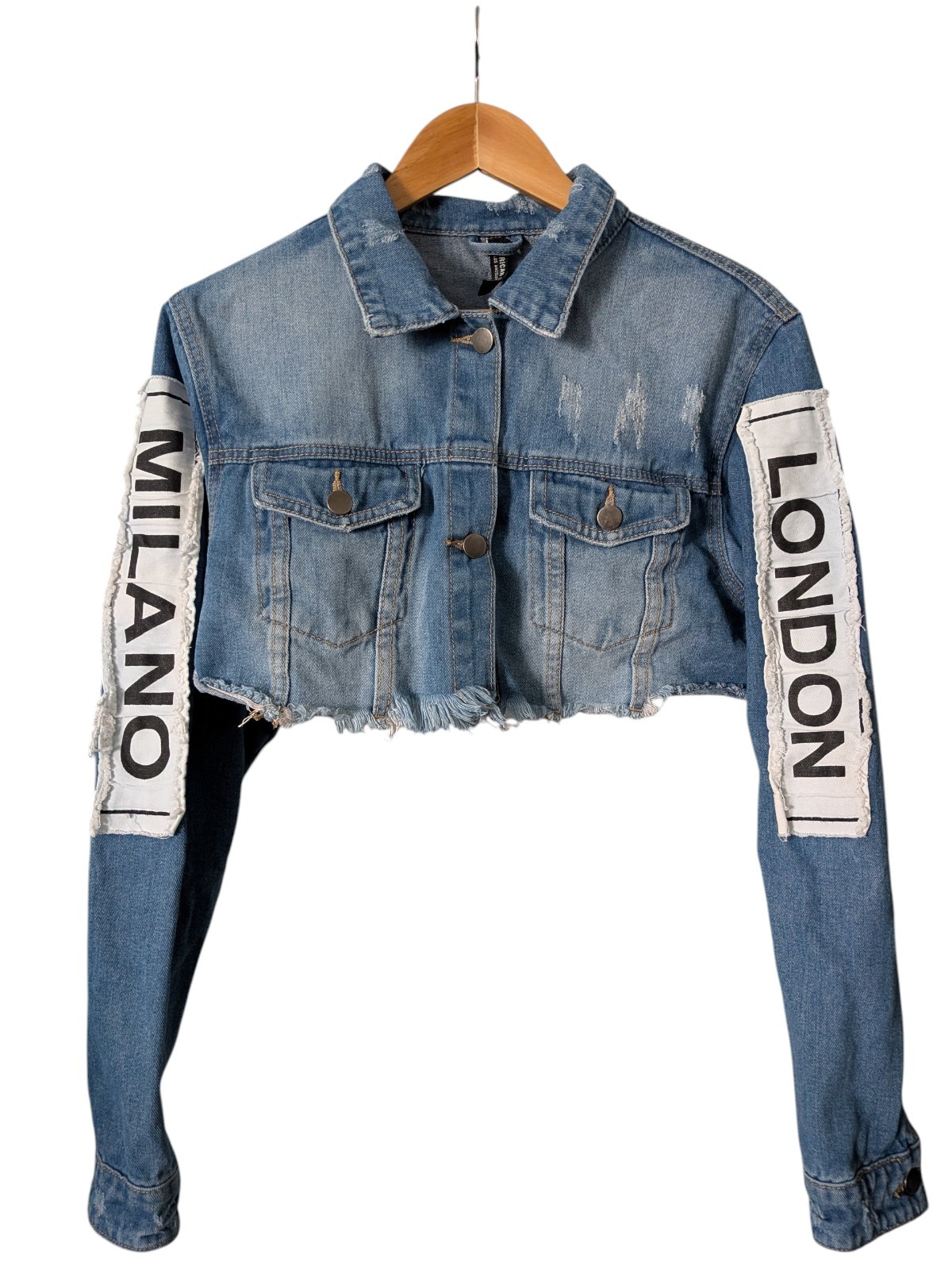 American Bazi Cropped Denim Fashion Tour Jacket Distressed Patchwork Raw Hem Med