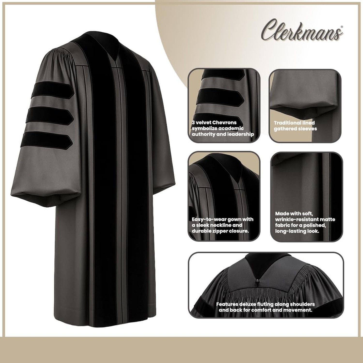 CLERKMANS Unisex Deluxe Doctoral PhD Graduation Gown – Doctorate Robe Black