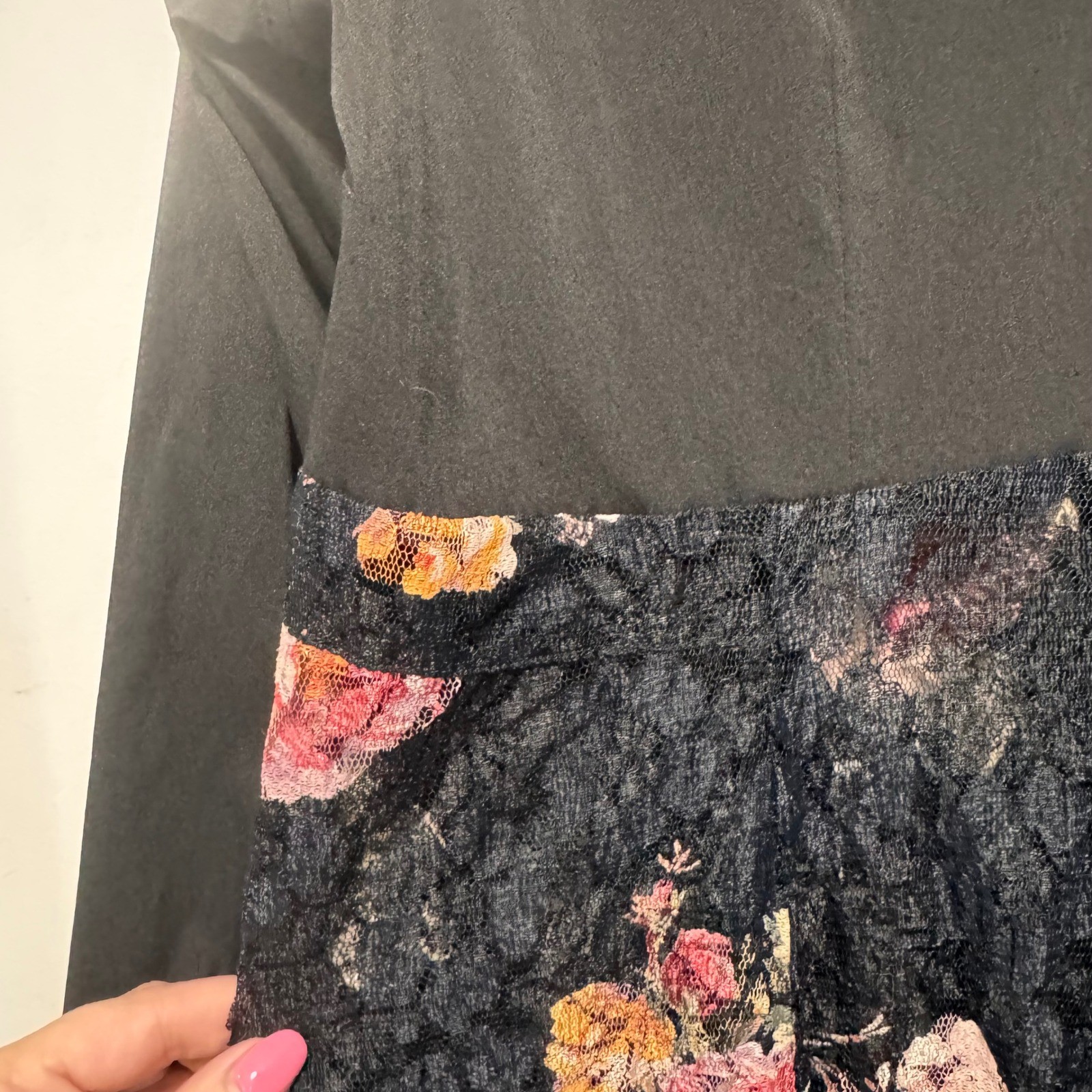 Upcycled Recycled Black Mixed Media Floral Lace Shirt Dress Tunic Embroidered