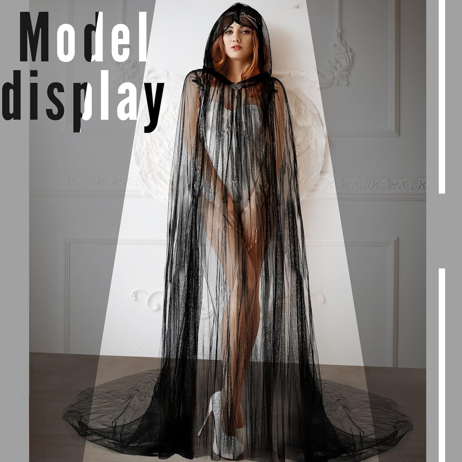 Halloween Lace Cape Hooded Cloak Gothic Witch Full Length Sheer Cape Adult