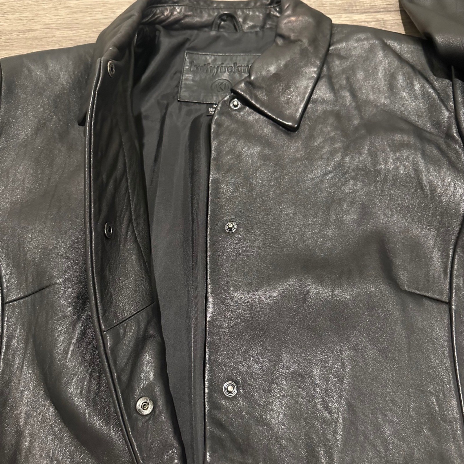 Kathy Ireland Black Genuine Leather Jacket Women M Vintage 90s Button Front