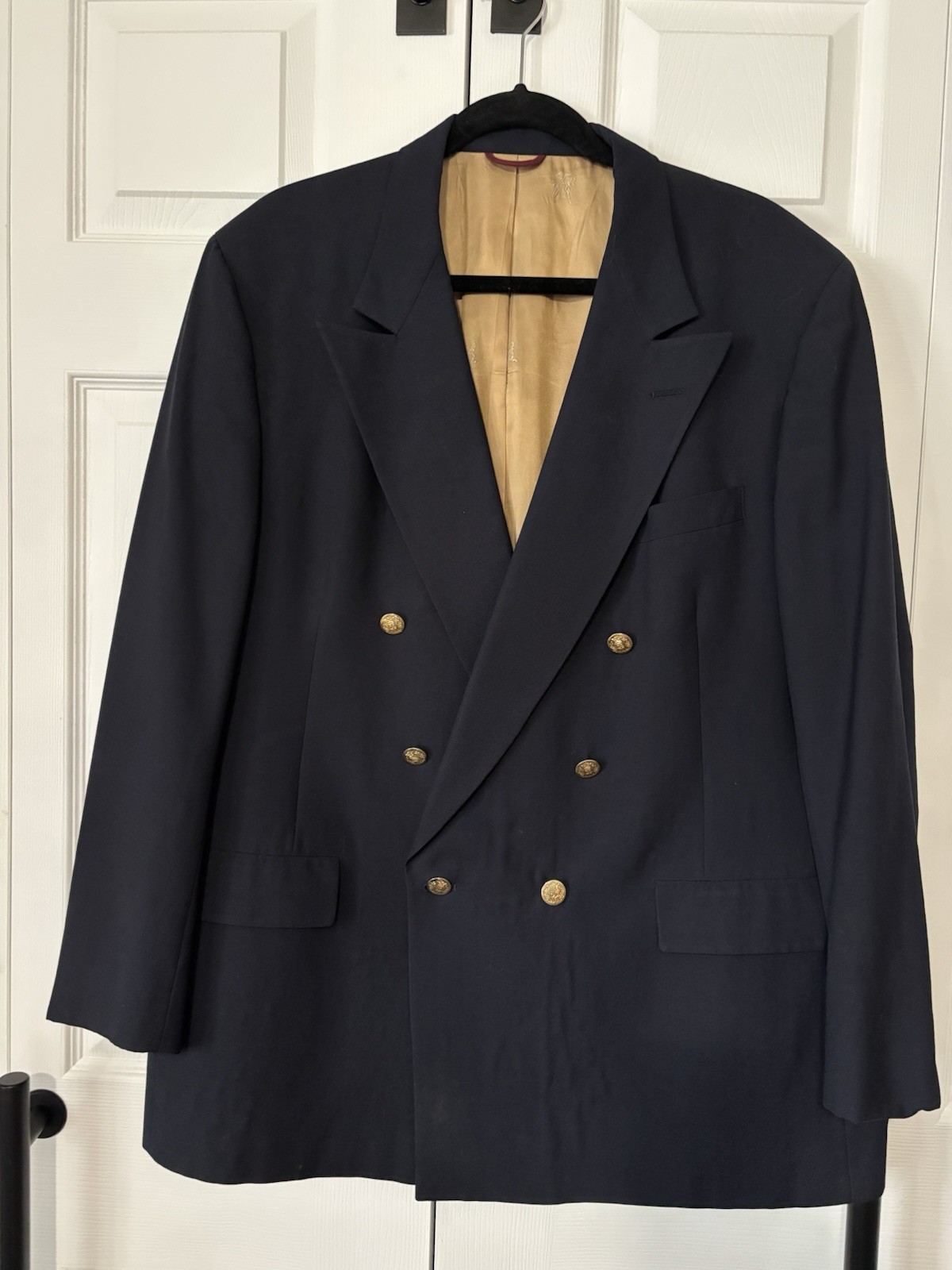 Vintage Hart Schaffner Marx Navy Double Breasted Blazer Gold Crest Buttons