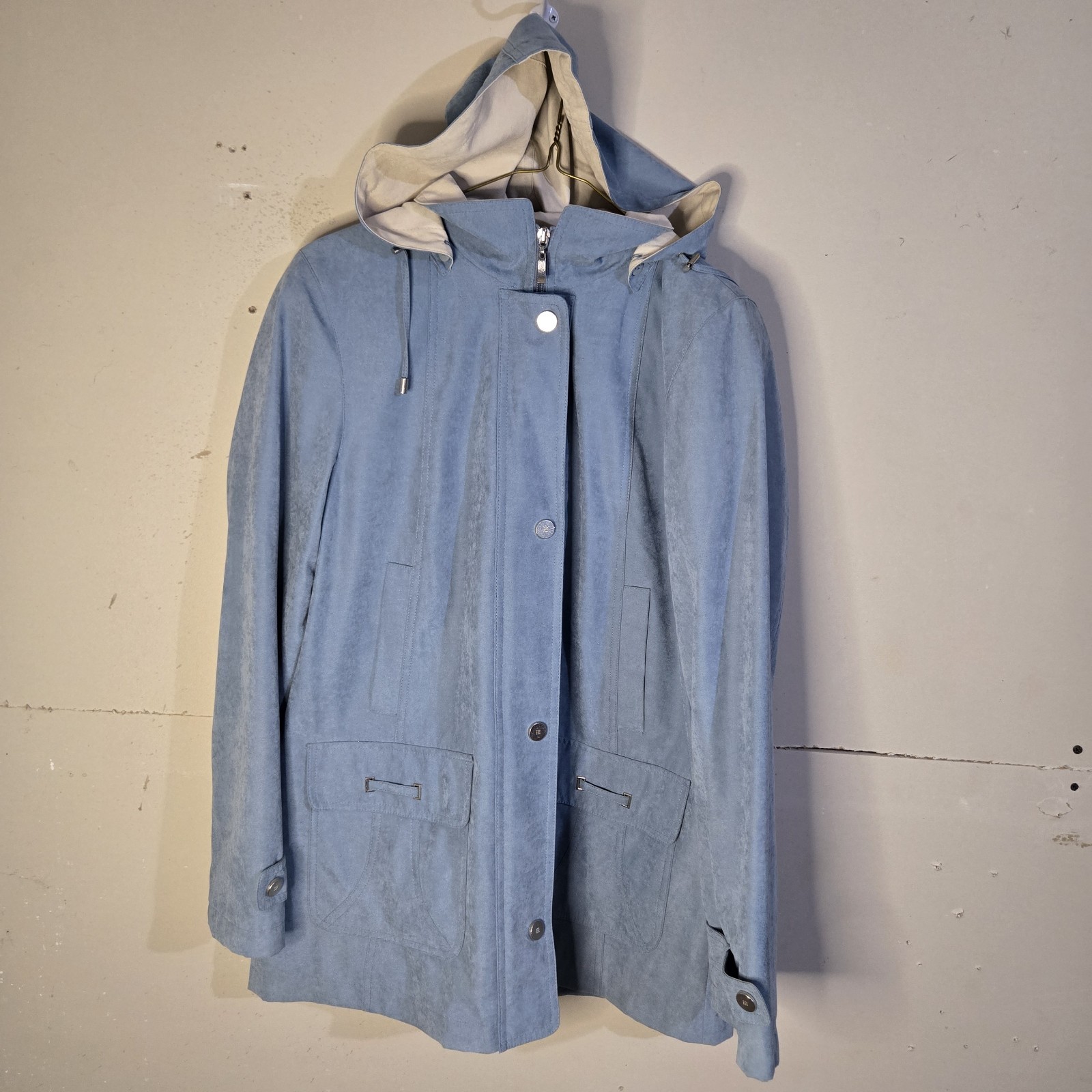 St. John’s Bay Women’s Medium Light Blue Hooded Jacket Zip Snap Front Coat