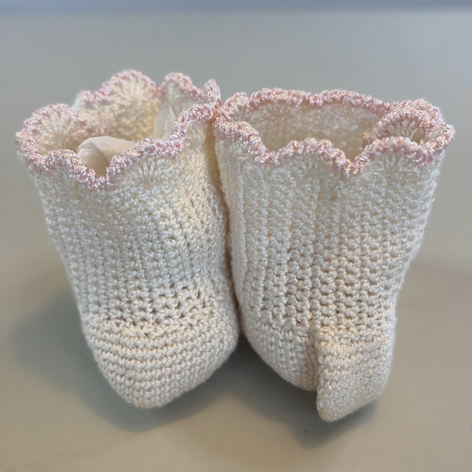 Vintage Hand Crocheted Ivory Pink Blue Flower Infant Booties