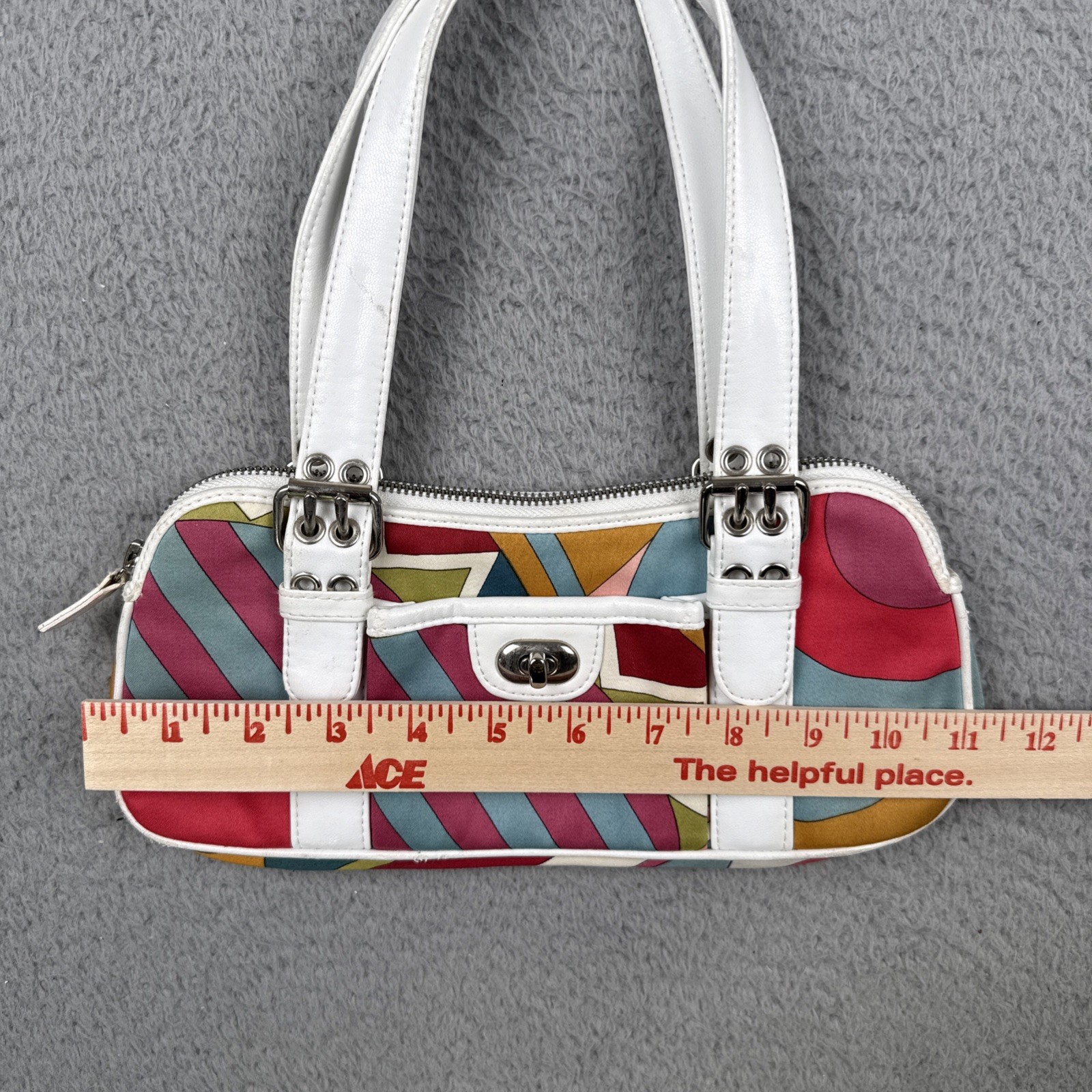 Isabella Fiore Silk Leather Handbag White MultiColor Geometric Y2K Purse 70s EOC