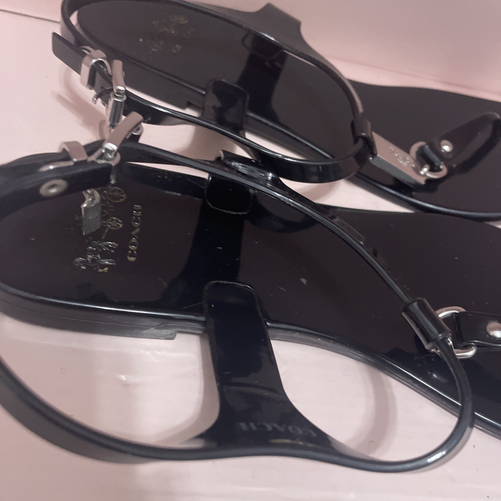 Coach Piccadilly Thong Jelly Sandals Black Logo Strappy Ankle Strap Buckle 8 B