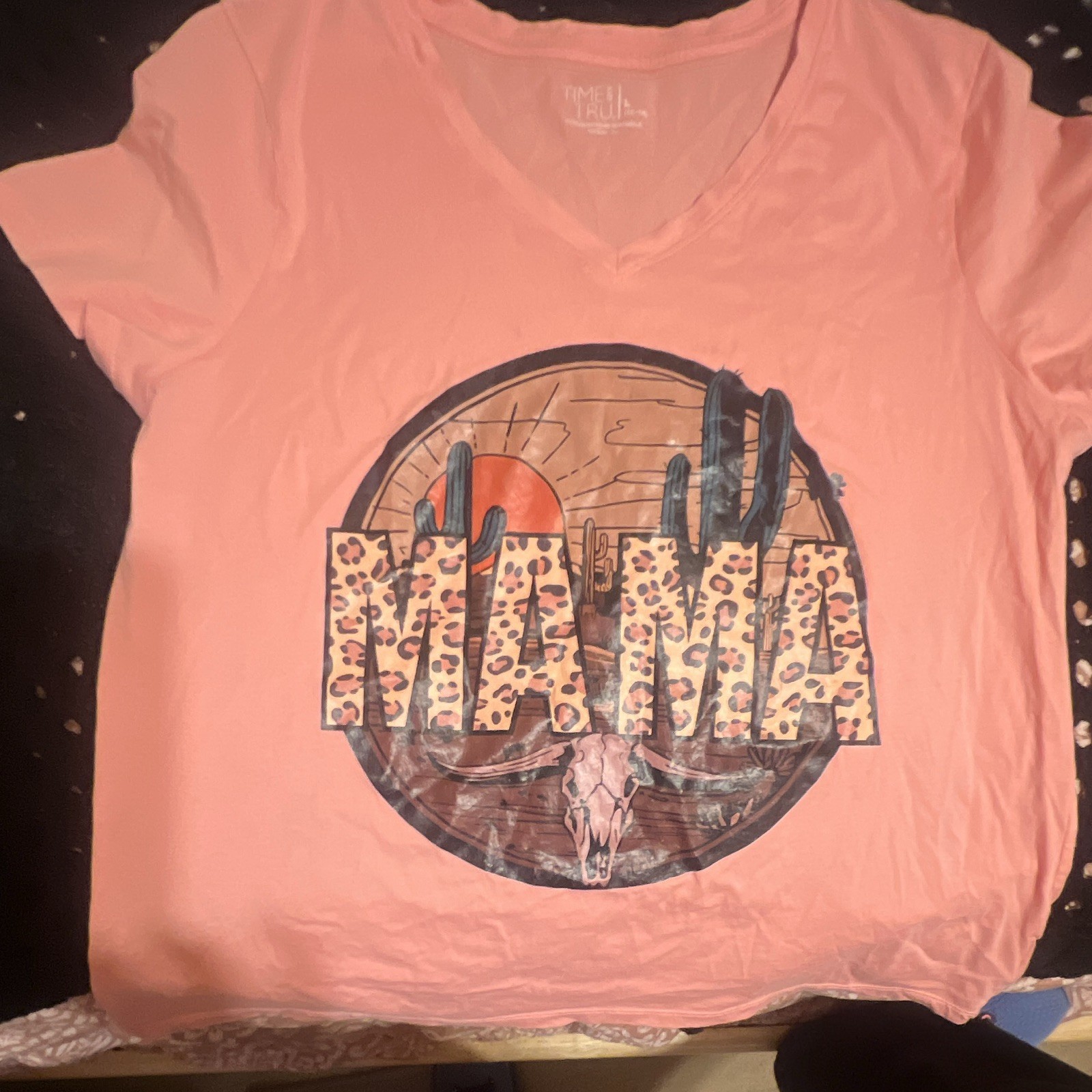 Womens Pink V-Neck Short Sleeve T-Shirt Graphic Print “MAMA” Western