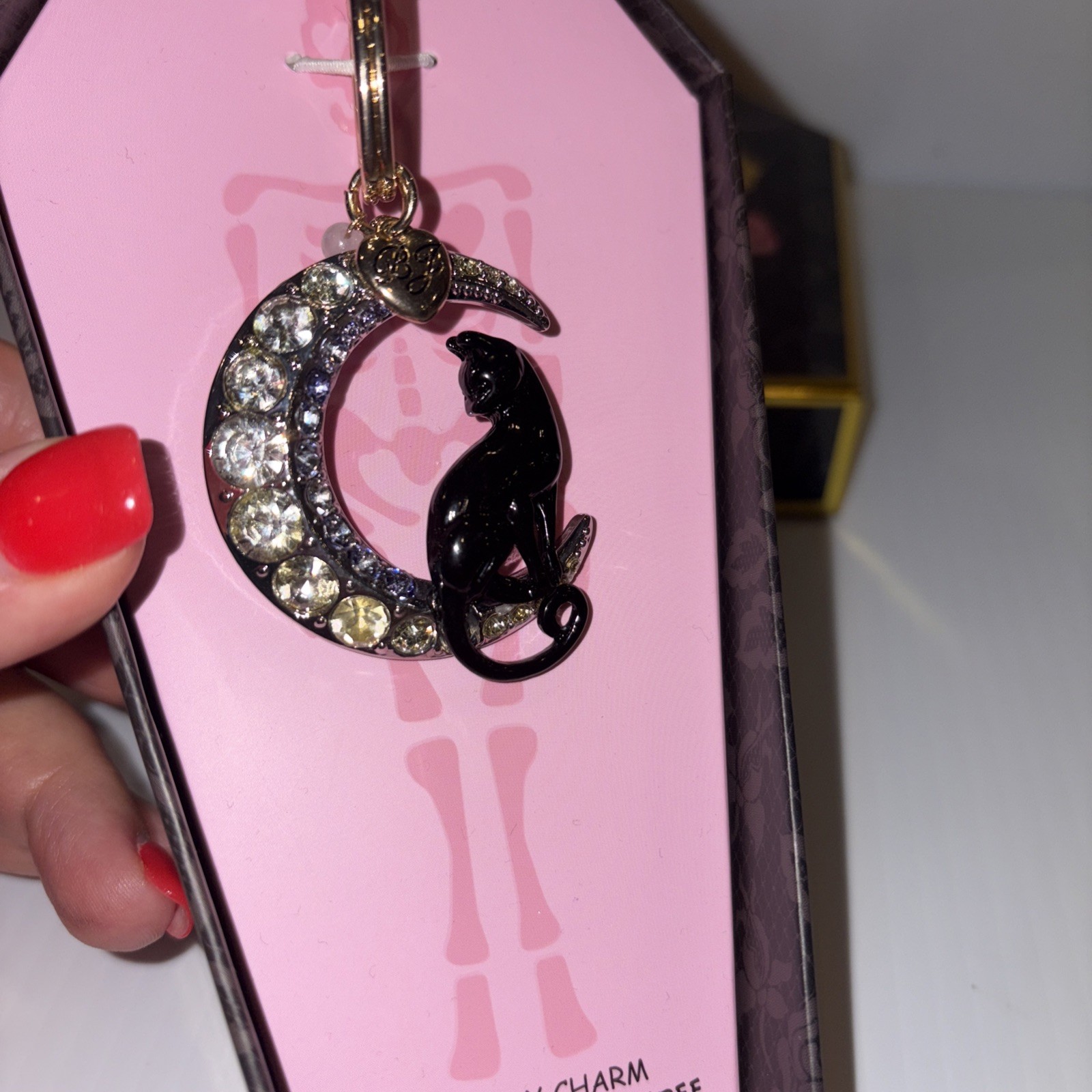 $58 Betsey Johnson Halloween Moon & Black Cat Jewelry Charm Keychain NEW in Box