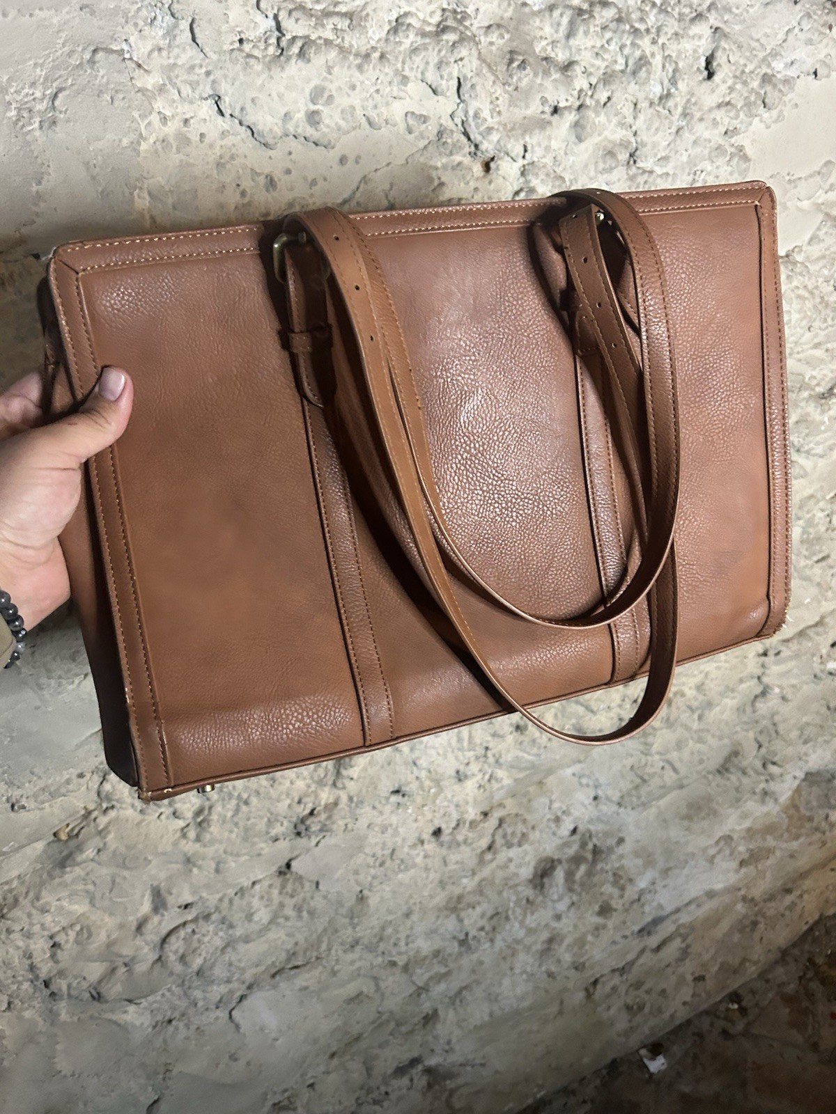 Ecosusi Brown Vegan Leather Tote Laptop Bag Tassel Strap Structured Work Satchel