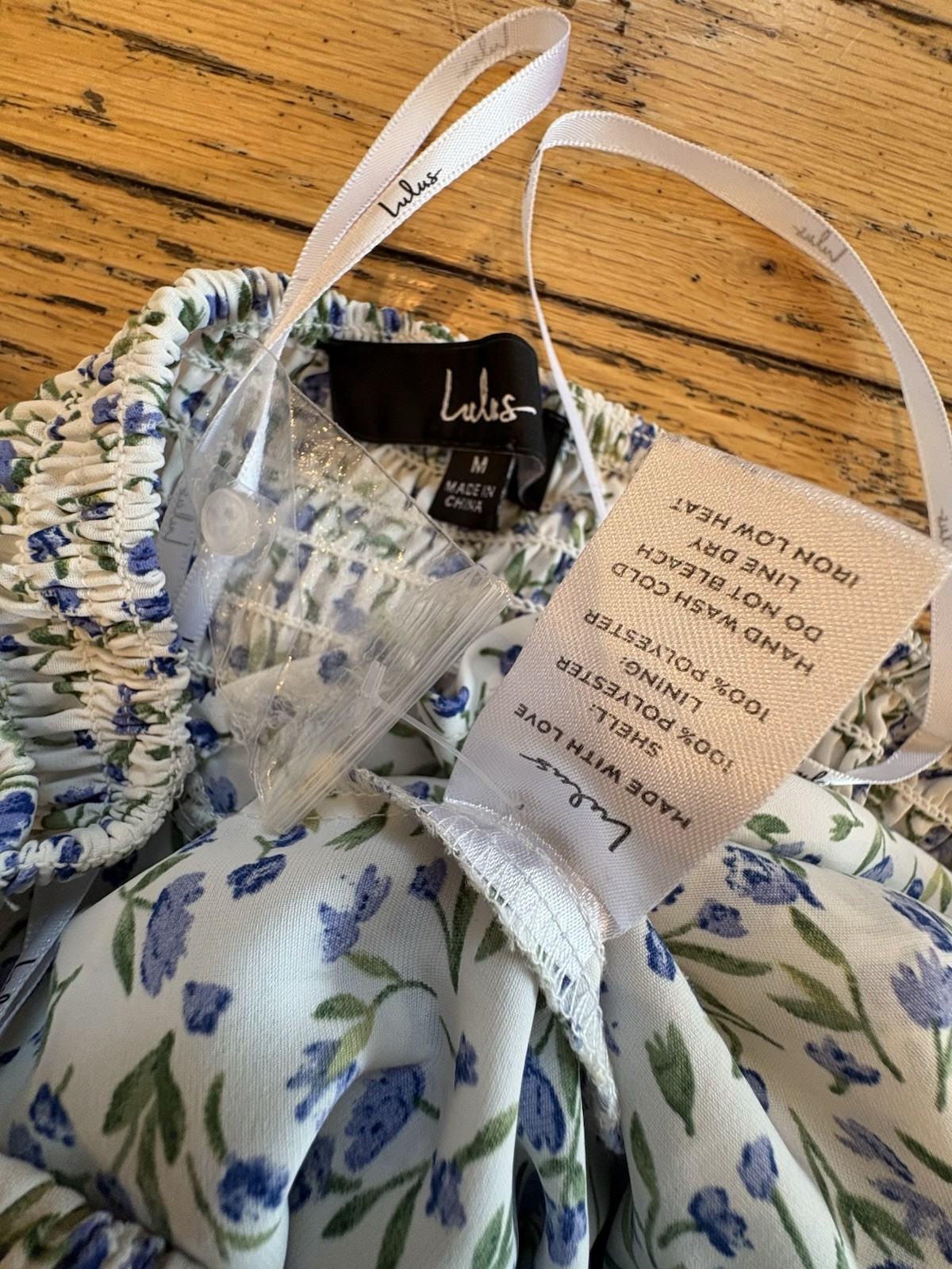 Lulus Midi Dress M White Blue Green Floral Off Shoulder Smocked High-Low